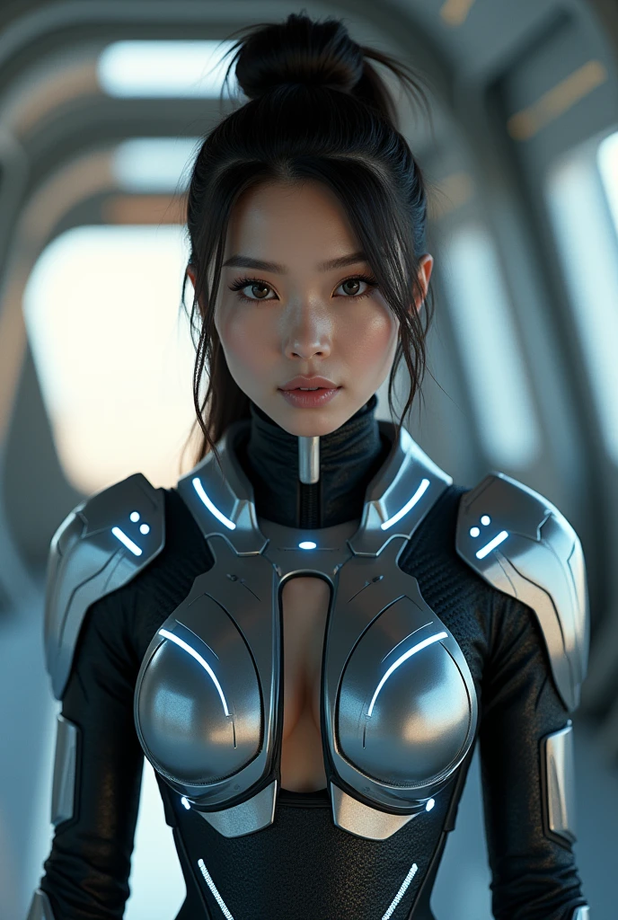 a beautiful 18-year-old girl, graceful expression, sitting in the cockpit of a spaceship, mechanical engineering background, holographic map black and blue and white and red color scheme, highly detailed, masterpiece, photorealistic,8k,hyper detailed, cinematic lighting, dramatic lighting, dramatic pose, dramatic atmosphere, intricate details, sharp focus, vibrant colors, volumetric lighting, cinematic composition, dramatic sci-fi atmosphere, vibrant colors, digital art, highly detailed, photorealistic, award winning concept art, Yaiba, toned thighs, futuristic erotic and sexy suit, big breasts