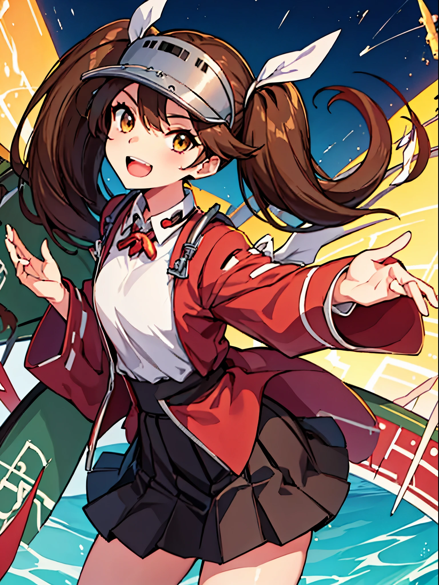  best quality, masterpiece,  high definition , Alone, {Dragon Swallow _  fleet collection:1.15}, brown_hair,  twin tails, brown_eye, correct, visor_ cap, His posts, length_hair, smile, open_mouth,  one girl, Japanese_Clothes,  look up _in_ viewer, Weng Ming, scroll, shikigami,  skirt, Green, Pleats_ skirt