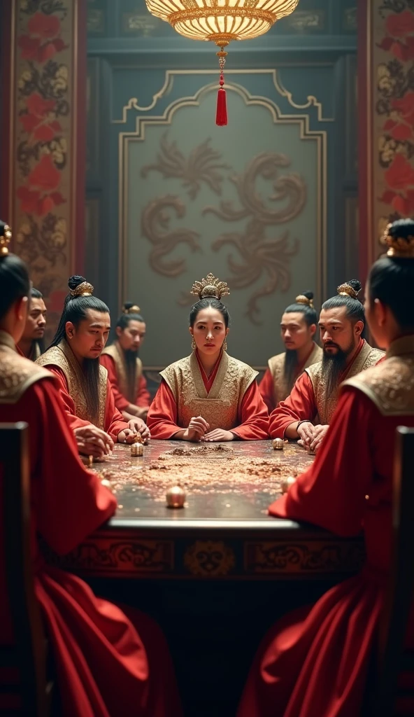 A tense meeting between Ching Shih and Qing dynasty officials, showcasing her cunning negotiation skills.