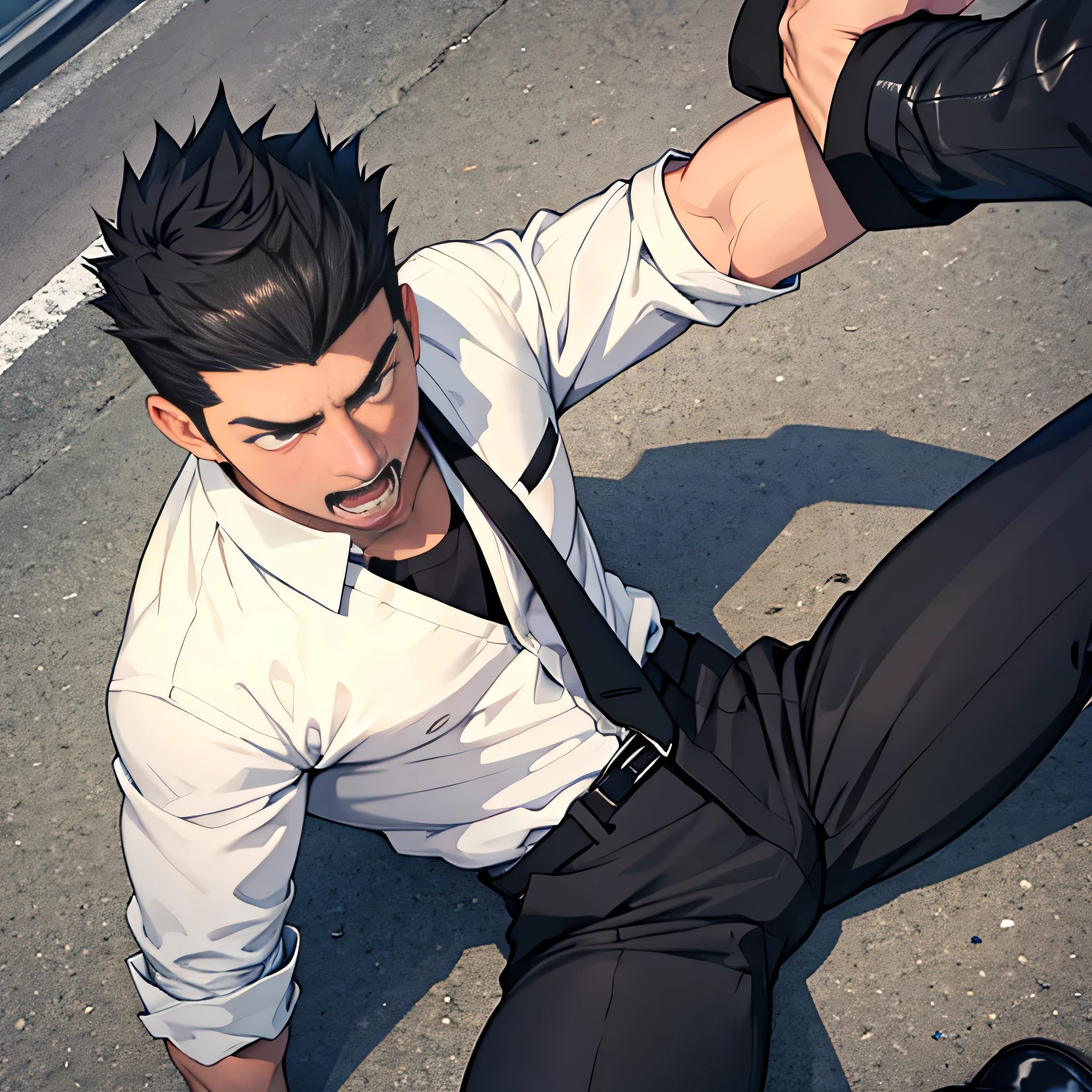 20 years old,, Simple Black Single Suit ,  black slim pants 、 lying on the ground  ,Spread your legs wider,black belt,Black socks,Black leather shoes,logic, Gay , black hair, Shorthair, thick eyebrows,Stubble, Lightly Set Your Hair with Wax ,Kakuryu Takeru,Masculine,salaryman,Mob characters,Bad Actor , The crotch part of the pants is bulging, Erotic 3D Finish , 　View from above　Open your mouth wide and scream　 face up 　　 painful face