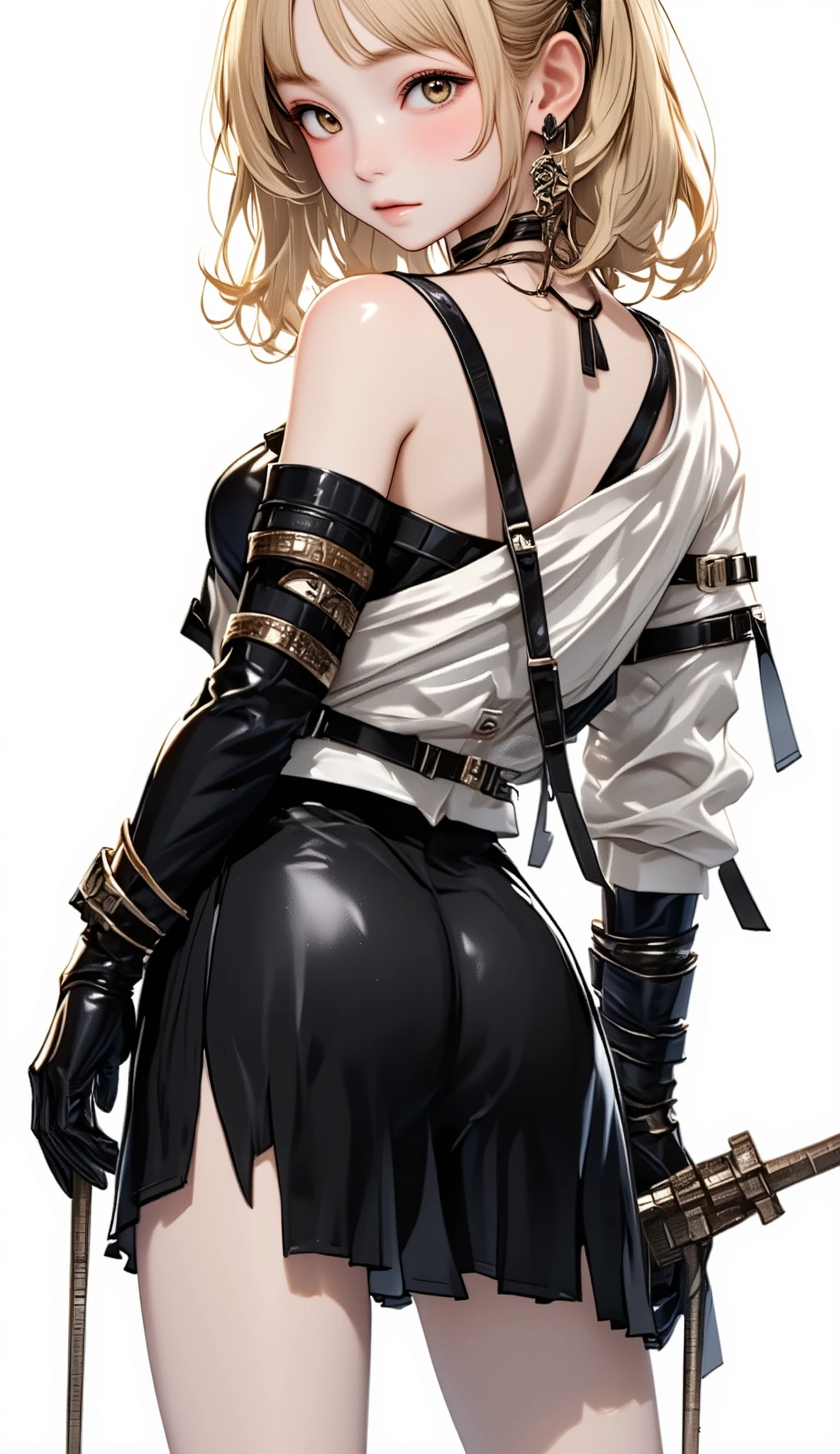 Score 9, Score up 8 , score up 7 , 1 girl, chest, Alone, Gloves, Knee-length, elbow Gloves, cross, rock, Nuns, black Gloves, belly button, 小さいchest, blonde hair , Viewers, black Knee-length, jewelry, earrings for women, bare shoulders, Long Hair, Thighs, bangs, straight jacket , holding, color, high leg, 茶colorの目 , ass visible through Thighs, Cowboy Shooting , , Curvy, whole body, White background
