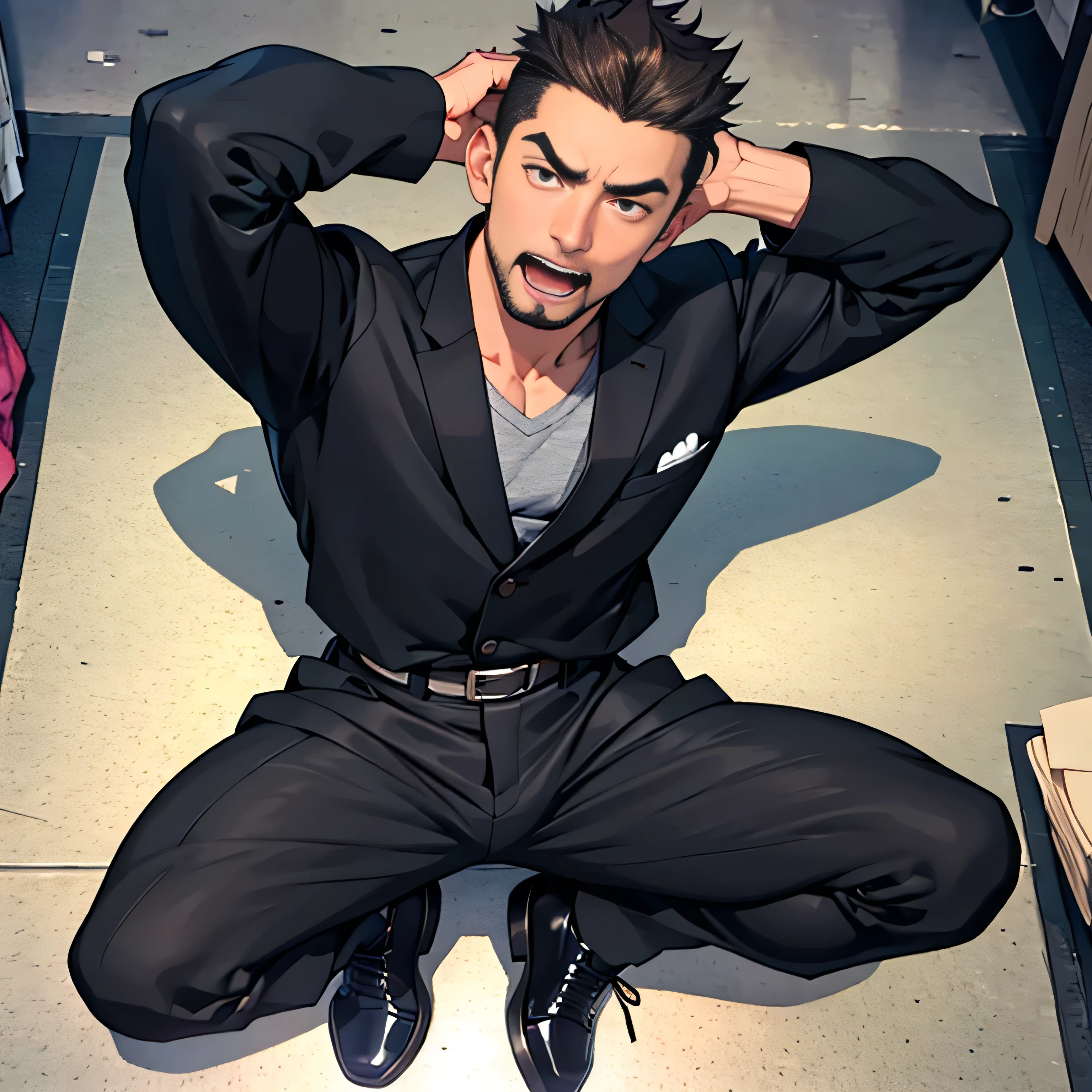 20 years old,, Simple Black Single Suit ,  black slim pants 、 lying on the ground  ,Spread your legs wider,black belt,Black socks,Black leather shoes,logic, Gay ,Brown Hair, Shorthair, thick eyebrows,Stubble, Lightly Set Your Hair with Wax ,Kakuryu Takeru,Masculine,salaryman,Mob characters,Bad Actor , The crotch part of the pants is bulging, Erotic 3D Finish , 　View from above　Open your mouth wide and scream　 face up 　　 painful face