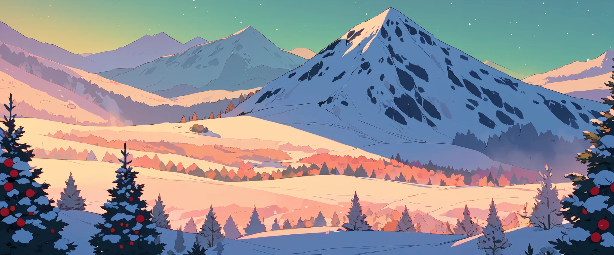 Christmas vibes ultrawide ,cozy ,lofi ,landscape ,forest ,mountain
