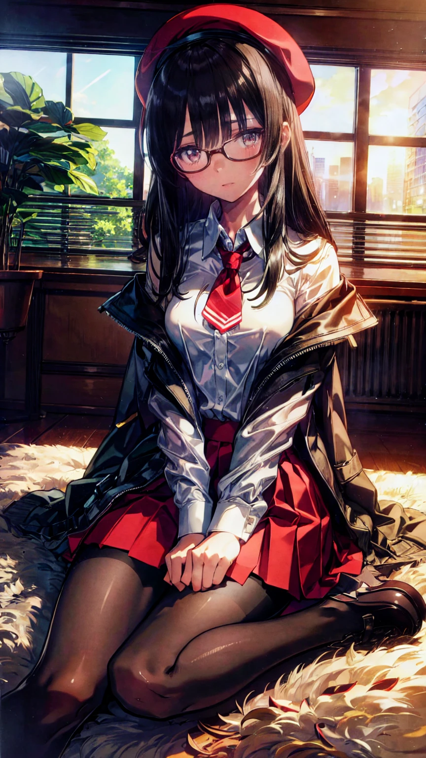 an anime girl with Glasses and a  skirt sits on ground and poses,  one girl, Alone,  skirt,  b's ul gem ,  shirt, white  shirt,  pantyhose , red eyes, Glasses,  black hair, shoes, red  skirt, Check pattern  skirt, beret,  watch viewers , open clothes, Check pattern, collared  shirt, ,  Long Sleeve , Shut up,  is sitting, black  pantyhose , indoor, bangs,  Shorthair, Brown hat,  Black Eyewear,  brown jacket,  off-shoulder ,Add XL