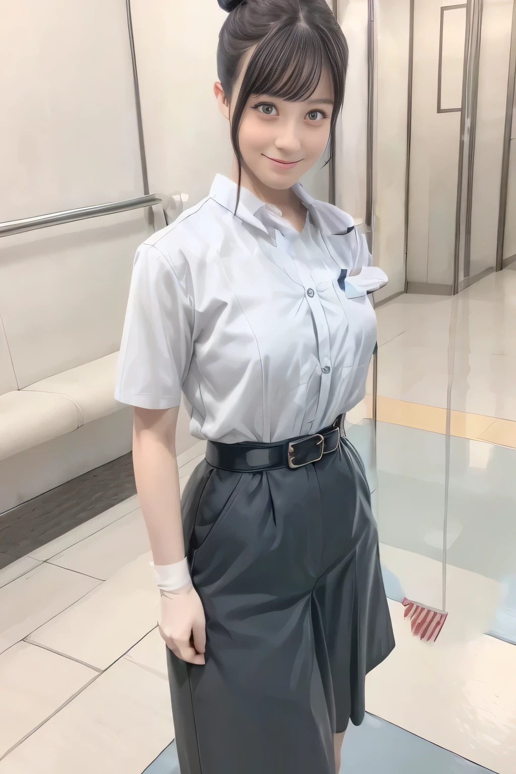 Highest quality、masterpiece、8K、Very detailed、Realistic、One person、Looking at me with a smile、whole body、Big Breasts、Erect nipples、Thin and beautiful legs、Tight and slim waist、A tight-fitting, sleeveless waitress uniform with buttons and a collar、Braid、Glasses