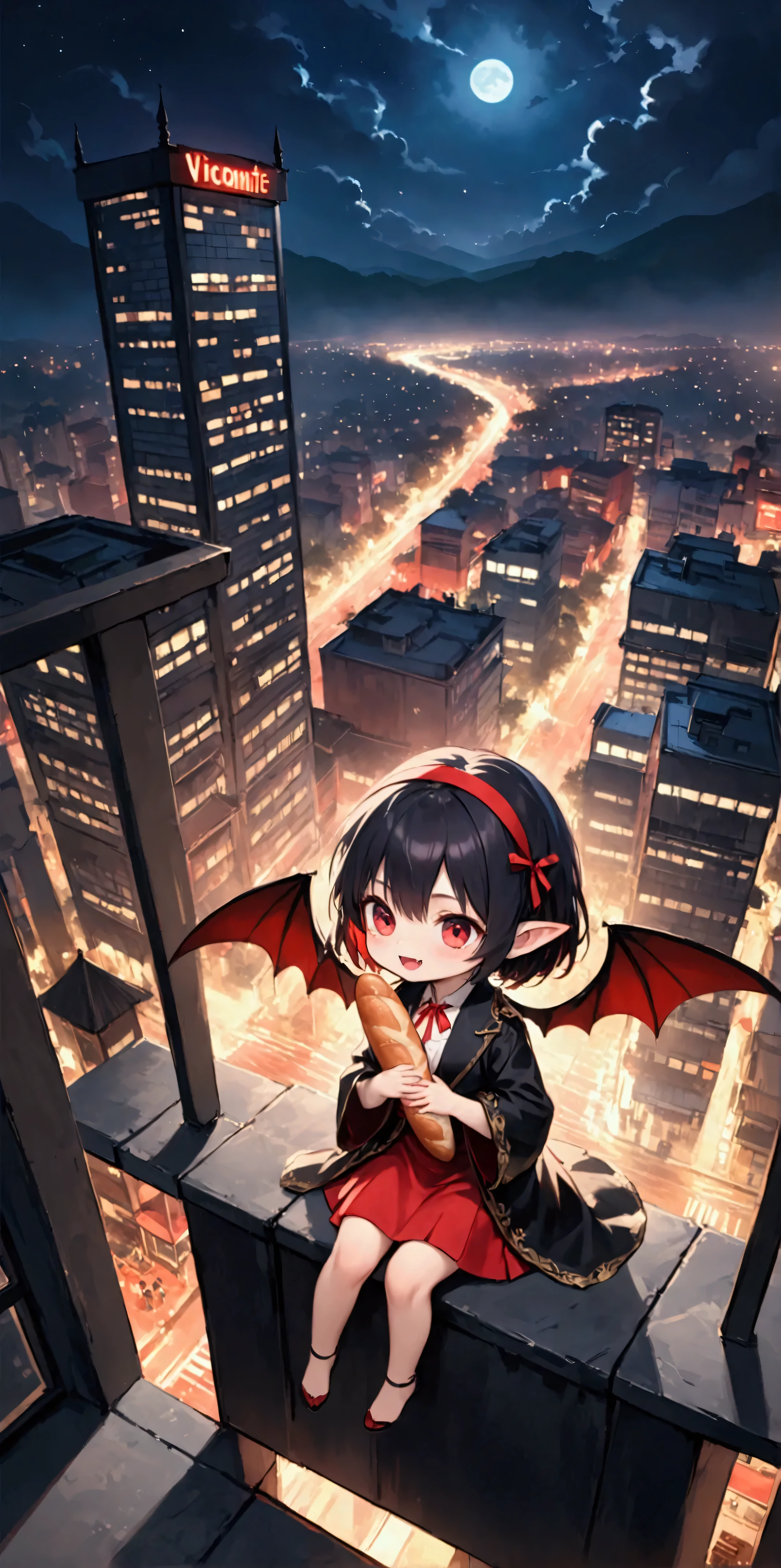 (solo:1.4),1girl\(vicomte,(chibi),cute, vampire wings, red eyes,open mouth, sharp vampire fangs, black short hair, elf ears, cute (((red ribbon))) headband, (big evil smile) cute smile,face shining, big eyes, cute expression, black short vampire robe\(gothic embroidery\), hugging (baguette bread) \),cute pose,black short vampire dress,full body, (many sparkle in eyes:1.4)\),inside,at bakery, breads displayed neatly on shelves, (from above:1.5), dutch angle, minimalist, lineless