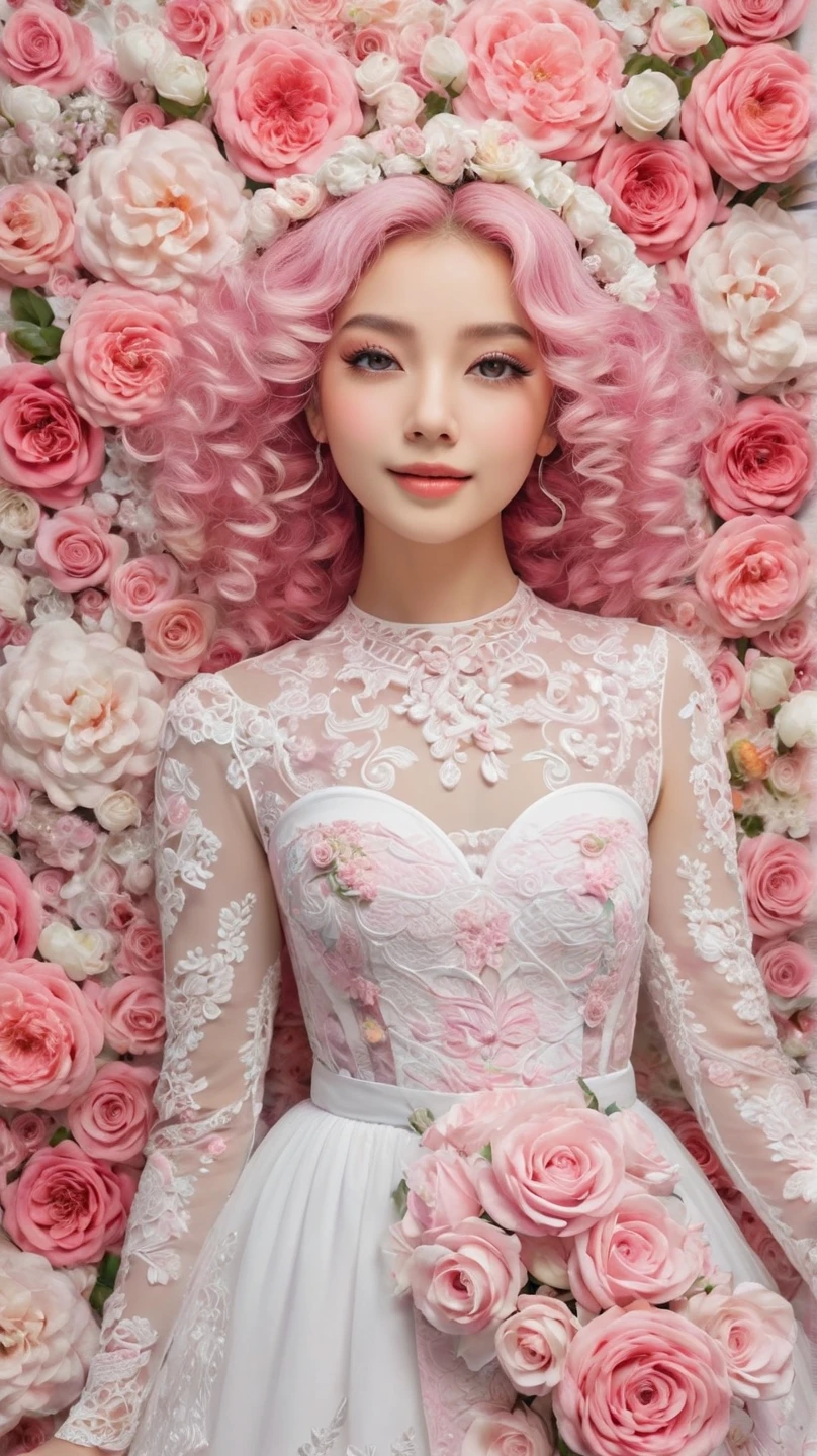 (masterpiece),(  High Quality ), best quality,( Very detailed),4K,(8k), super detailed, 1 girl,Alone,Fuller lips、Pink Roses,  fashion magazine cover ,Seamless pattern、 Neutral Pastel Colors ,Mysterious white-toned world ,Fabric Art、 Art Station 、 covered in flowers combines magic and fantasy、Mr.々 Detailed Pastel Designs Imagined in Flowers 、 splash、Wallpaper design aesthetics、 white tone、Realistic、super Realistic、Full color and striking、Pink curly hair、