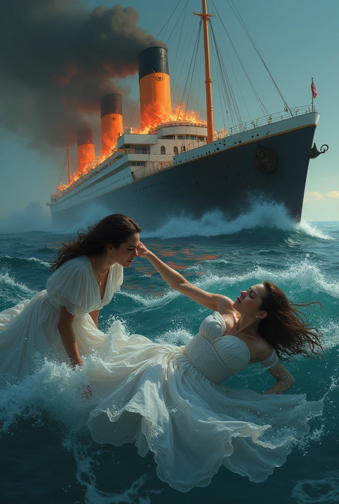 Titanic, sinking into the sea, icy waters, couples say goodbye, sadness, helplessness