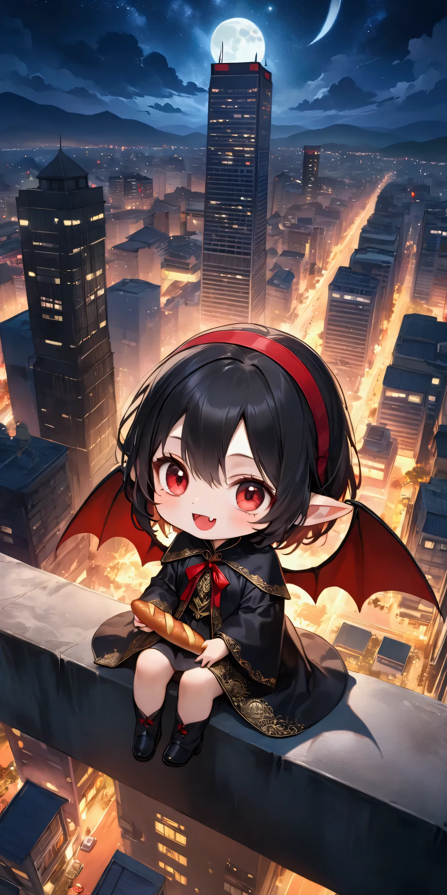 (solo:1.4),1girl\(vicomte,(chibi),cute, vampire wings, red eyes,open mouth, sharp vampire fangs, black short hair, elf ears, cute (((red ribbon))) headband, (big evil smile) cute smile,face shining, big eyes, cute expression, black short vampire robe\(gothic embroidery\), hugging (baguette bread) \),cute pose,black short vampire dress,full body, (many sparkle in eyes:1.4)\),inside,at bakery, breads displayed neatly on shelves, (from above:1.5), dutch angle, minimalist, lineless