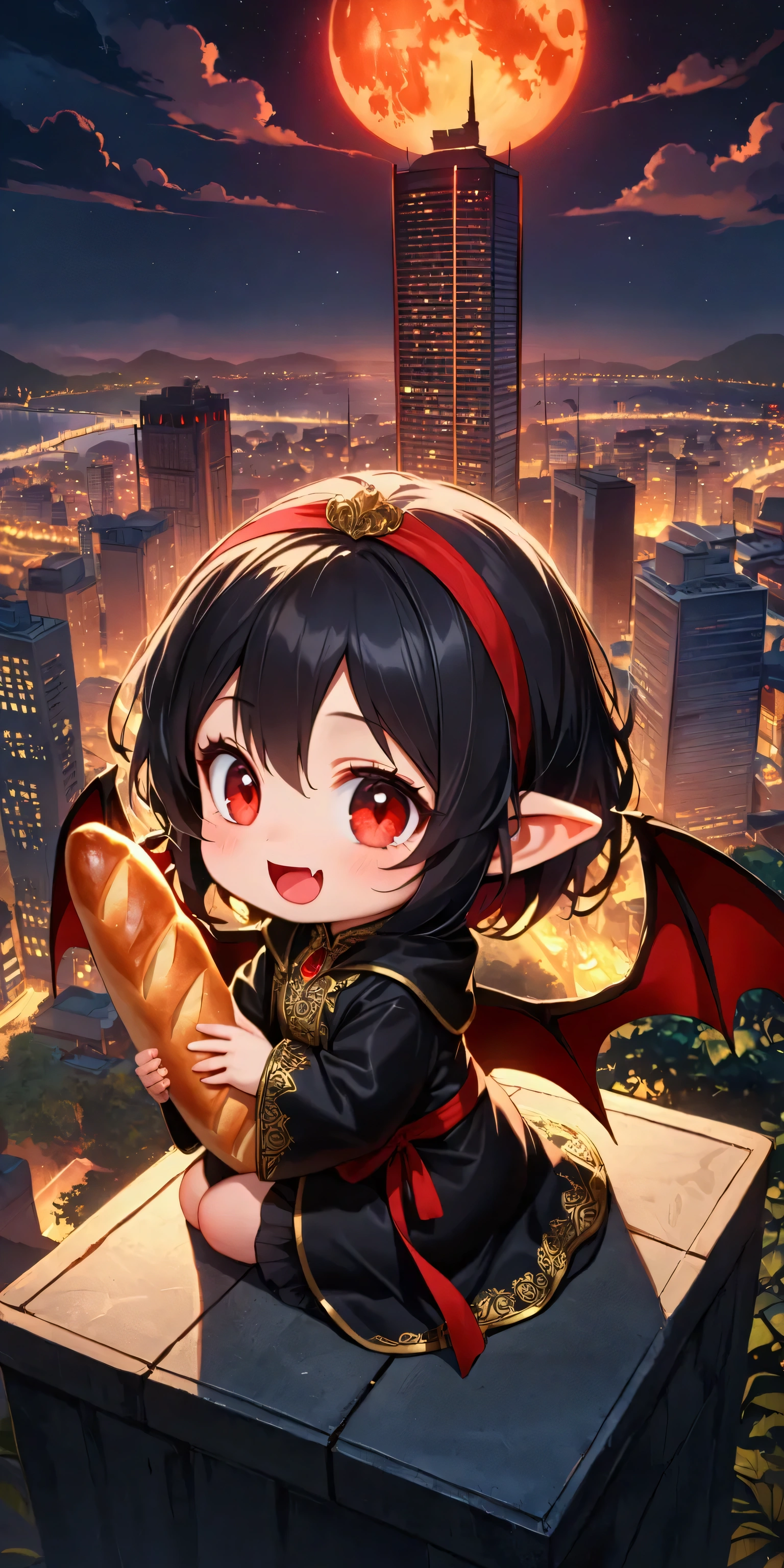 1girl\(vicomte,chibi,cute, vampire,vampire wings, red eyes,open mouth, sharp vampire fangs, black short hair, long elven ears, cute (((red ribbon))) headband, big evil smile, big eyes, black short robe\(with beautiful (gold embroidery)\), holding beautiful big (1baguette:1.3)\),sitting at (edge of skyscraper:1.3)\(Landmark 81,Vietnam\),looking away\). the beautiful night view of (Vietnam).landscape.longshot. BREAK .quality\(8k,wallpaper of extremely detailed CG unit, high resolution, top-quality, top-quality real texture skin, hyper realistic, increase the resolution, RAW photos, best quality, highly detailed, the wallpaper, golden ratio, high saturation realism, vibrant colors, dramatic lighting, persuasive storytelling, atmospheric scenery, captivating visuals, intricate details, strong emotions, dreamlike world\).from above