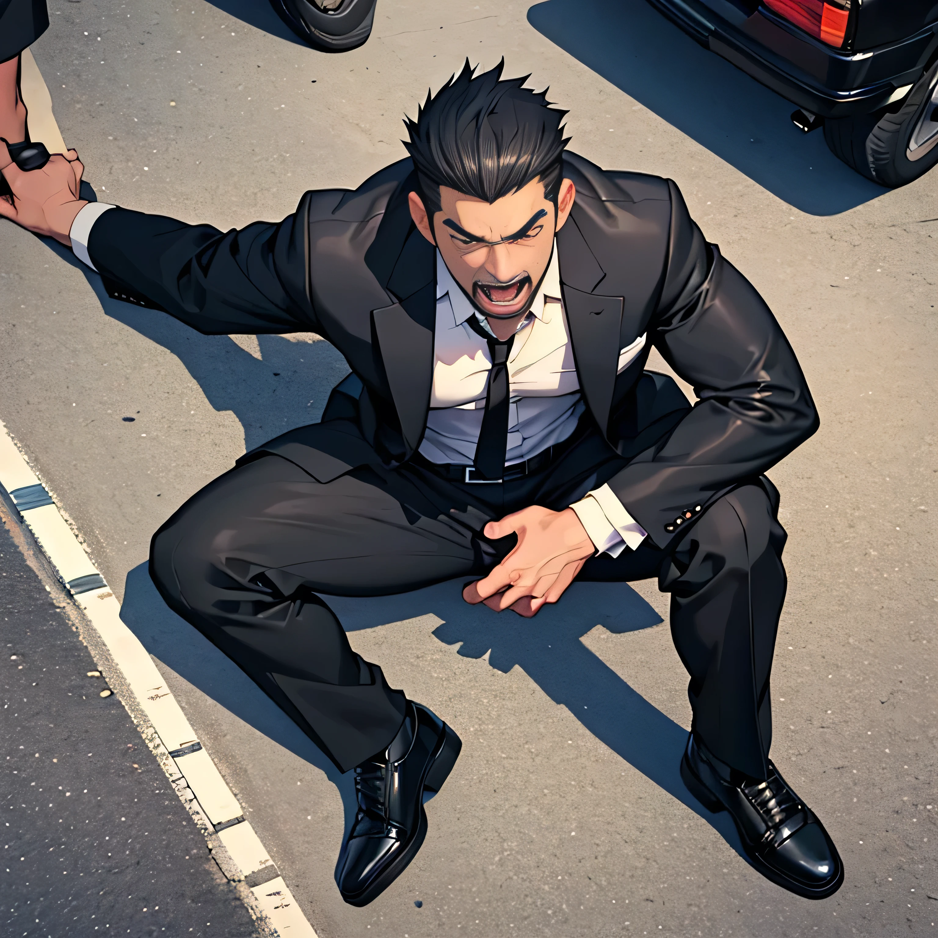 20 years old,, Simple Black Single Suit ,  black slim pants 、 lying on the ground  ,Spread your legs wider,black belt,Black socks,Black leather shoes,logic, Gay , black hair, Shorthair, thick eyebrows,Stubble, Lightly Set Your Hair with Wax ,Kakuryu Takeru,Masculine,salaryman,Mob characters,Bad Actor , The crotch part of the pants is bulging, Erotic 3D Finish , 　View from above　Open your mouth wide and scream　 face up 　　 painful face