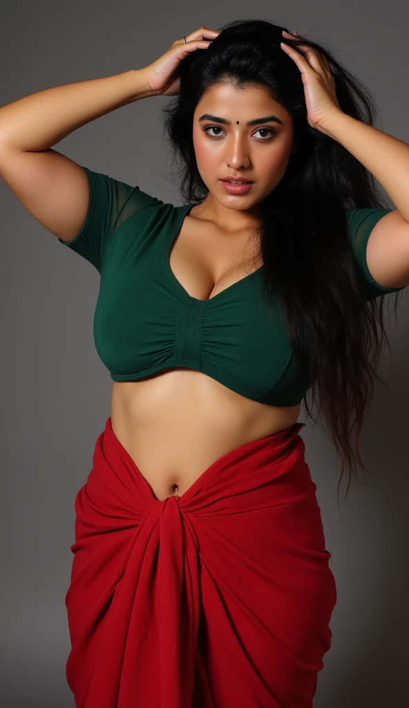 30 yr old Sexy bollywood actress,very short sleeves transparent knoted green blouse,voluptuous figure, hands on head showing dark armpits stubble hairy armpits,long wavy hair, very big giant butt, very big giant boobs, wearing red colour dhoti, maker her do a sexy pose, legs spread, arms up, make it realistic,(cinematic:1.3), intricate details, (ArtStation:1.2)