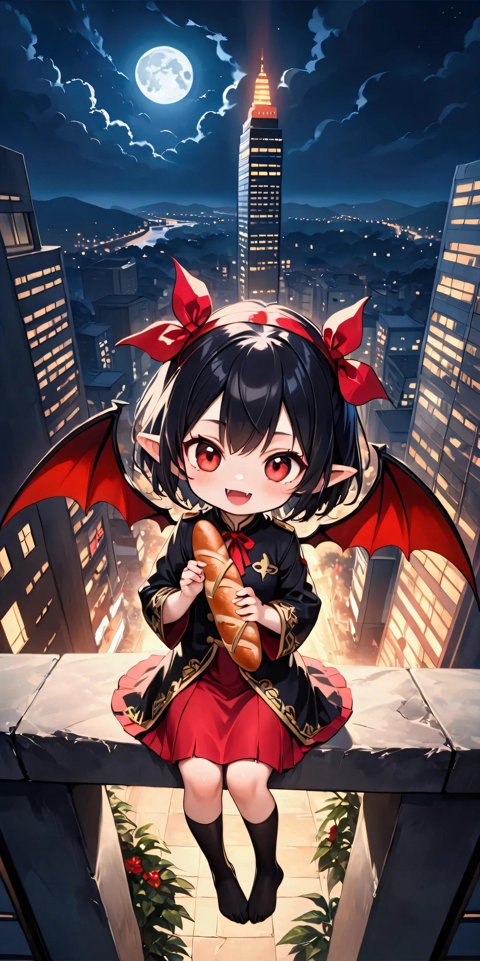 (solo:1.4),1girl\(vicomte,(chibi),cute, vampire wings, red eyes,open mouth, sharp vampire fangs, black short hair, elf ears, cute (((red ribbon))) headband, (big evil smile) cute smile,face shining, big eyes, cute expression, black short vampire robe\(gothic embroidery\), hugging (baguette bread) \),cute pose,black short vampire dress,full body, (many sparkle in eyes:1.4)\),inside,at bakery, breads displayed neatly on shelves, (from above:1.5), dutch angle, minimalist, lineless