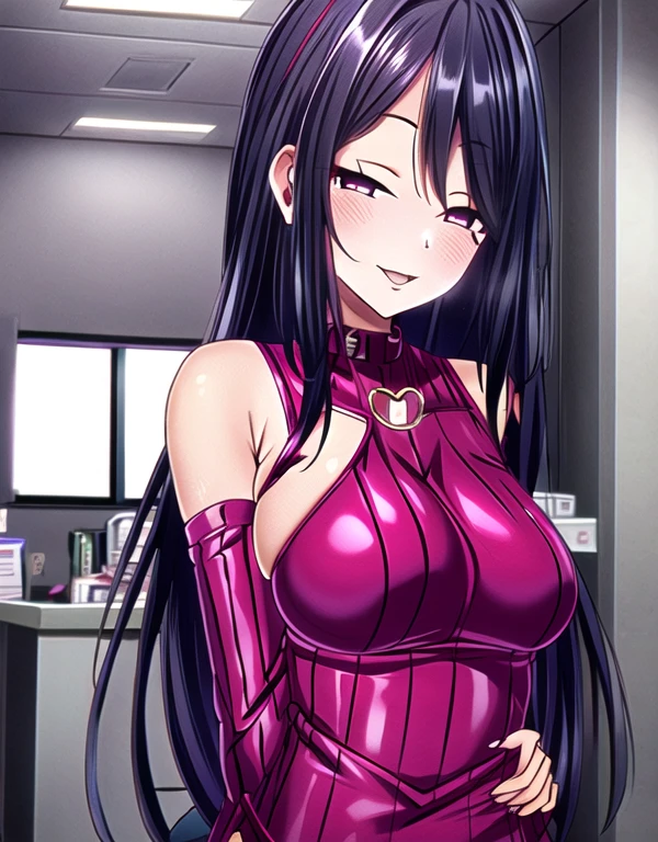 Saori_car ,long hair,Saori_car ,black hair,(Pink Eyes),A delicate smile,hair between eyes,lipstick,lips,(Sparkling red ribbed sweater:1.1),Sparkling black skirt,( Big Breasts :1.55),(Sparkling,hair),((Alone)),((masterpiece)),((  best quality)),perfect anatomy,  Slim Waist  , Perfect photo,  8K HD Streaming ,(  beautiful detailed eyes:1.5),  detailed face in pale blue underwear putting hands on the viewer's forehead,  standing ,(  upper body:1.25),(  front desk at the small clinic :1.5),  Hand Bound to Back  ,  super detailed,  absurd,ultra-highres,  office room,indoor,視聴者の額に手を当てる