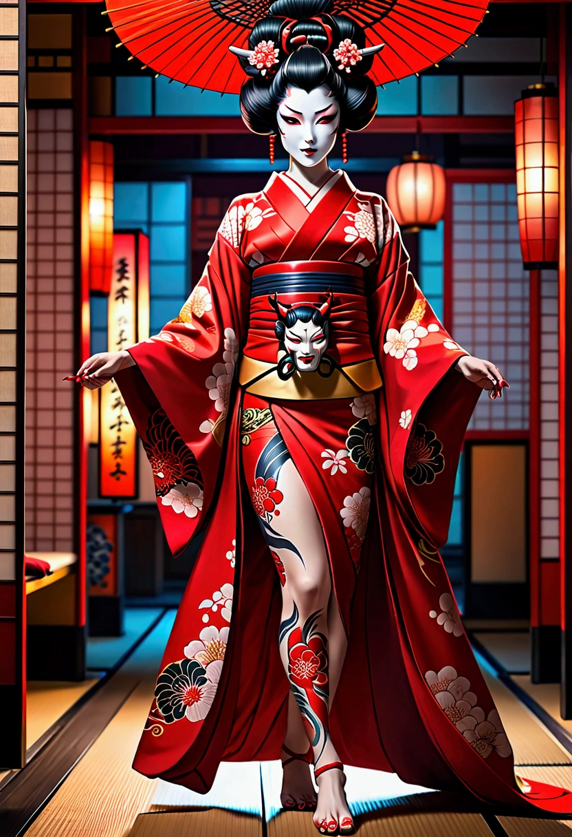 Anime geisha japonaise portant un kimono avec un masque oni effrayant de couleur rouge, corps entièrement tatoué , pieds nus 