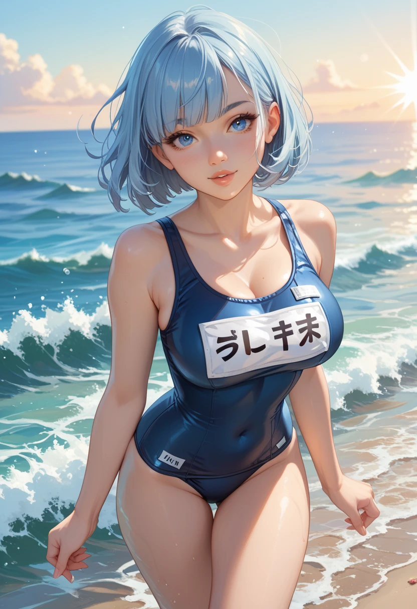 Absurd, Super detailedな,(In 8K:1.3),Masseter muscle area,(masterpiece:1.2)、(Highest quality)、4K、Super detailed、(Movement Structure:1.4)、(Shining Lights), High resolution, Best Quality、(One girl:1.4),Super detailedな,Bright colors、Treebreak Production Art,High-level image quality、Fine image quality、Intricate details,Volumetric Lighting,Realism BREAK、Profile、 Idol face、、Very beautiful face and eyes, Beautiful images、 natural make up、puffy eyes、catchlight eyes、deep detailed eyes、 (Big Tits:1.2)、(glossy skin :1.5), (Be embarrassed:1.4), (Light blue hair,short hair、blunt bangs:1.2)、 (Be embarrassed:1.4), Dark navy eye color、 (A school swimsuit with a vivid texture:1.3), (super wet skin:1.1) 、(Breast bag)、 (beach with sea view:1.2),(Baby Face:1.5)、squatting