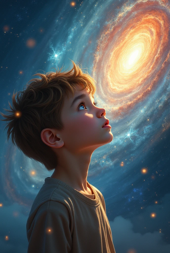 Create an image that captures the essence of a connection between childhood and adulthood. He should represent a child sitting on a rock watching the horizon, there are many stars in the sky A child in (green pajamas), (red cape), (blond hair) and a small sword in his hand. The stage is a combination of elements that there is a great ocean full of stars in the sky and It symbolizes the fusion of both worlds. The posture and expression should reflect a profound. A beautiful and fantastical scene where the boy is sitting on a rock looking at the horizon. Visual metaphors like a balloon, paper airplanes or a kite in the adult's hand, or a Reflection in the water showing a younger version. can be used to illustrate the concept. The picture should evoke the eternal beauty of maintaining Our inner child's sense of wonder throughout our lives. lives, highlighting the importance of this quality in enrich our daily experiences and relationships