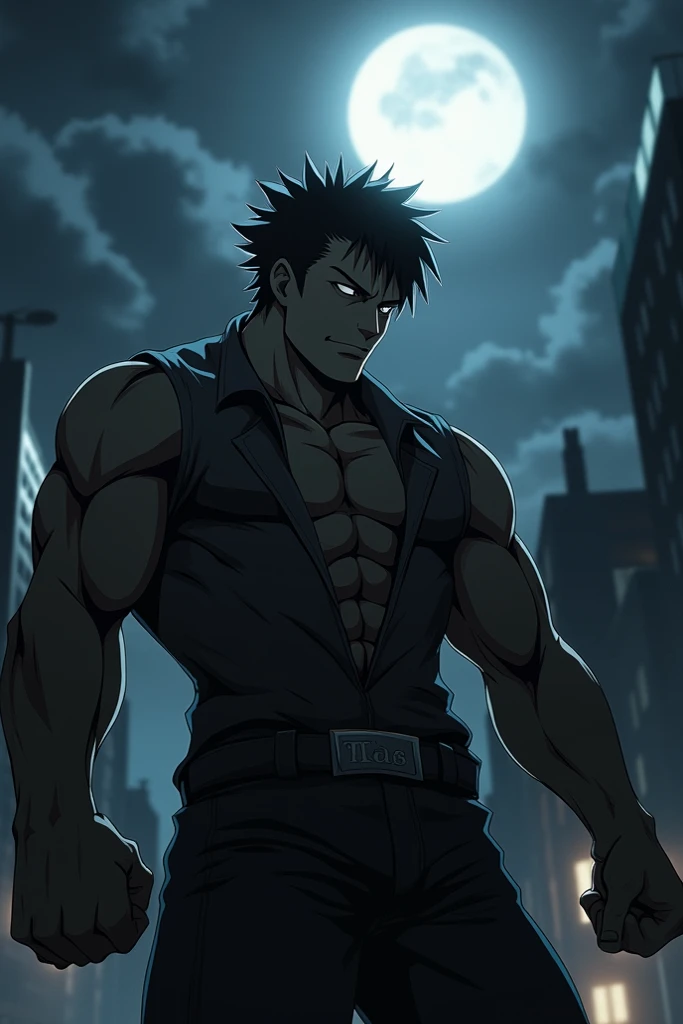 Detailed anime style, masterpiece, Studio Quality, 6k, Full Body Shot, One boy, devil, tooth, teeth, Grey Eyes, Skin of color, (Blue Skin of color 0.9), Goth, Heavy Set, Black Hair, Detailed Background, Modern Town in Japan, Complementary Color, Cinema Lighting, Detailed shading, Digital Texture Painting