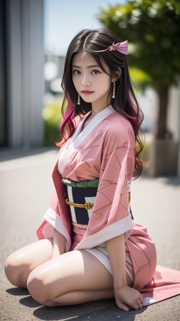 Masterpiece, Best Quality, High Resolution, Venus1, 1Girl, Solo, Tsuko Kamato, Bamboo, Gag, Hair (brown), Plaid Belt, Gag, Gag, Gradient Hair, Hair Ribbon, Haori, Japanese Clothing, Very Short Kimono, showing her underwear, big , Long Hair, Looking at the Audience, Multicolored Hair, Pink Eyes, Very Short Pink Kimono, showing her bra, Pink Ribbon, Ribbon, Solo, (((Masterpiece)), Forehead, standing posing infront of a burning house at night, with dark red clouds Cute puffing cheeks, seducing, Eyes wide, slim waist, sexy posing, slim tight,