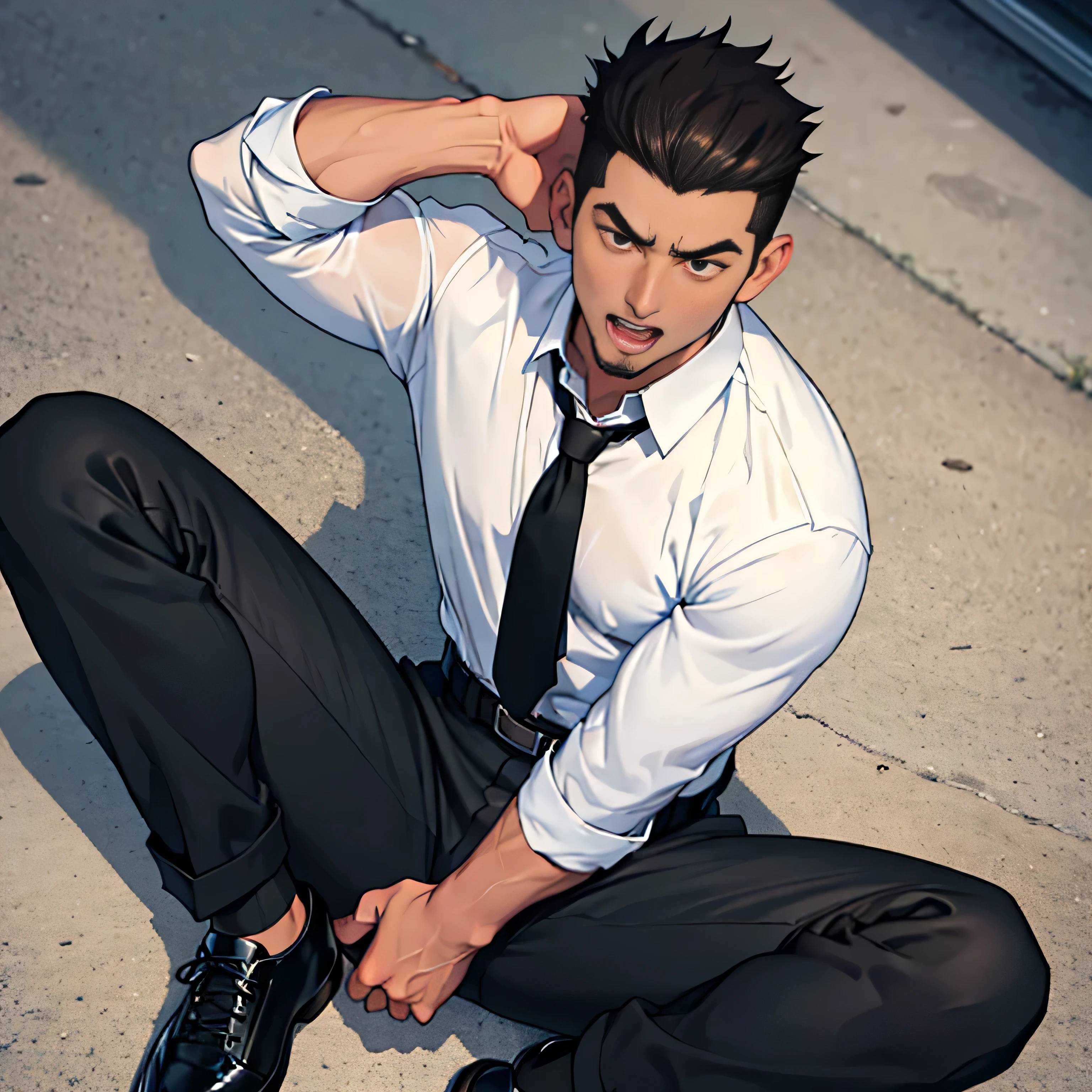 20 years old,, Simple Black Single Suit ,  black slim pants 、 lying on the ground  ,Spread your legs wider,black belt,Black socks,Black leather shoes,logic, Gay , black hair, Shorthair, thick eyebrows,Stubble, Lightly Set Your Hair with Wax ,Kakuryu Takeru,Masculine,salaryman,Mob characters,Bad Actor , The crotch part of the pants is bulging, Erotic 3D Finish , 　View from above　Open your mouth wide and scream　 face up 　　 painful face