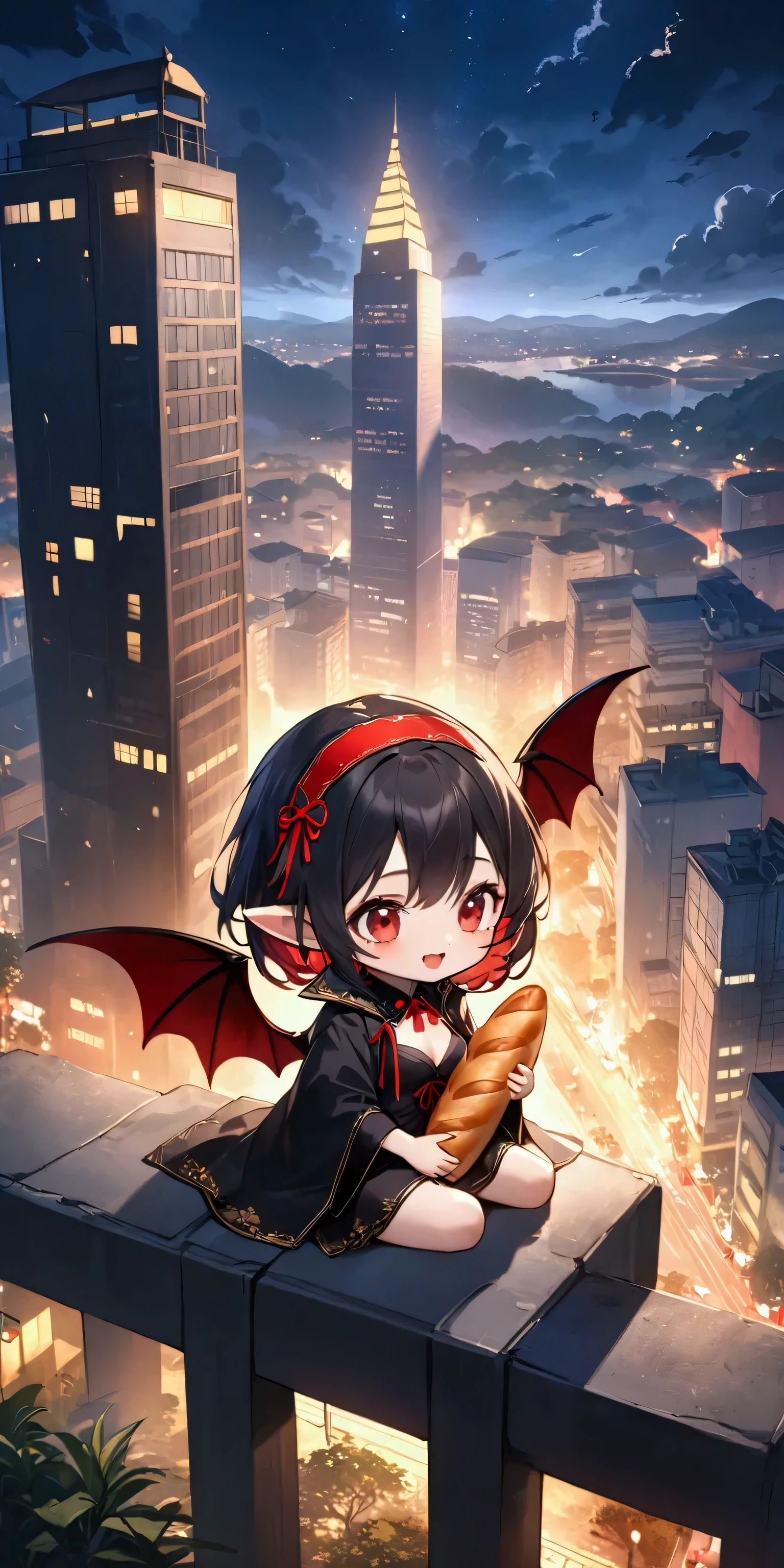 1girl\(vicomte,chibi,cute, vampire,vampire wings, red eyes,open mouth, sharp vampire fangs, black short hair, long elven ears, cute (((red ribbon))) headband, big evil smile, big eyes, black short robe\(with beautiful (gold embroidery)\), holding beautiful big (1baguette:1.3)\),sitting at (edge of skyscraper:1.3)\(Landmark 81,Vietnam\),(looking away:1.3), open cleavage,black short dress\). the beautiful night view of (Vietnam).landscape.longshot. BREAK .quality\(8k,wallpaper of extremely detailed CG unit, high resolution, top-quality, top-quality real texture skin, hyper realistic, increase the resolution, RAW photos, best quality, highly detailed, the wallpaper, golden ratio, high saturation realism, vibrant colors, dramatic lighting, persuasive storytelling, atmospheric scenery, captivating visuals, intricate details, strong emotions, dreamlike world\).from above