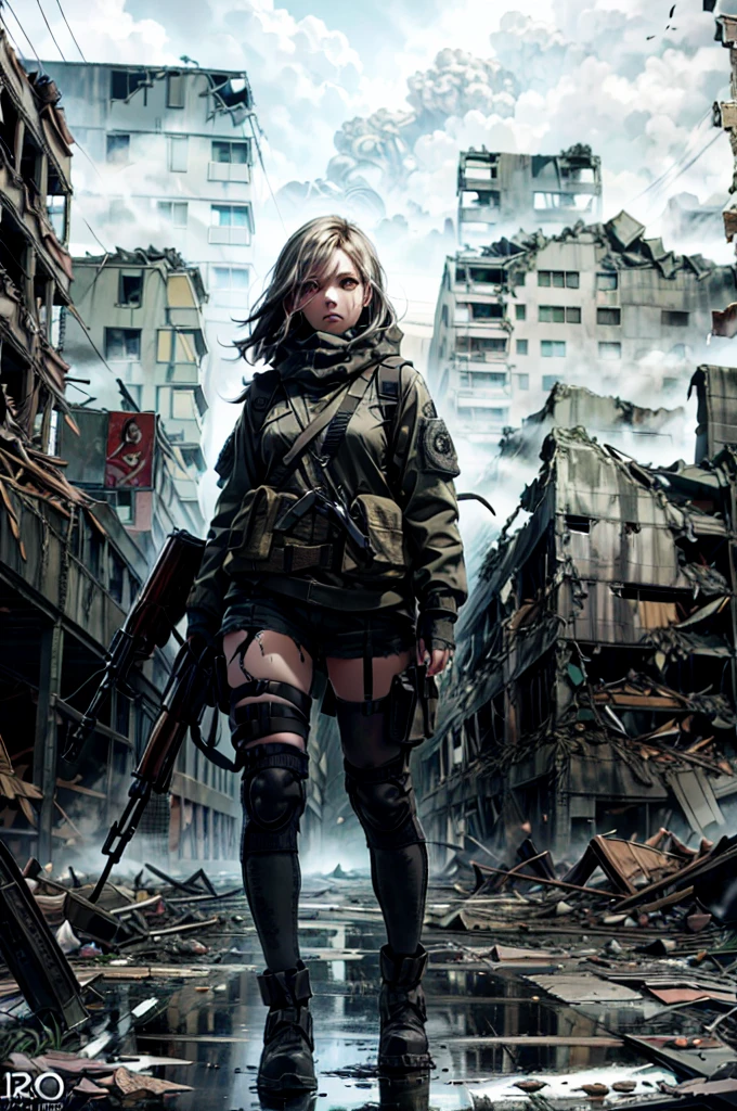 Close shot,masterpiece, best quality, high resolution, rich details, 8k, extreme light and shadow, image of a beautiful young woman,wearing tactical gear, holding a AK47 with two hand, walking down a desolated street in a collapsed city, post apocalypse, smoke and fog in the air, yellow gray sky covered with toxic cloud, collapsed building, broken street, tall body, detailed face, detailed eye, cold face, dirty, (post apocalypse theme),