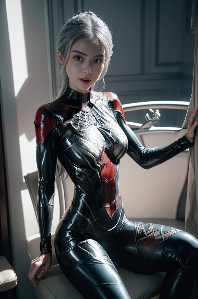 (Extreme Detail CG Unity 8K Wallpapers，tmasterpiece，Highest image quality)，(Delicate light and shadow，The picture is highly dramatic，Cinematic lens effect)，full bodyesbian，A girl in a short white Spider-Man dress，Long silver-gray hair，From the Spider-Man parallel universe，Wenger，Marvel，Spidey，Sit on a sofa or bench，dynamicposes)，(Exceptional detail，The lighting effect is outstanding，Vista wide angle)，(Excellent rendering，Enough to stand out from the crowd)，The focus is on the white Spider-Man costume，Complex spider textures