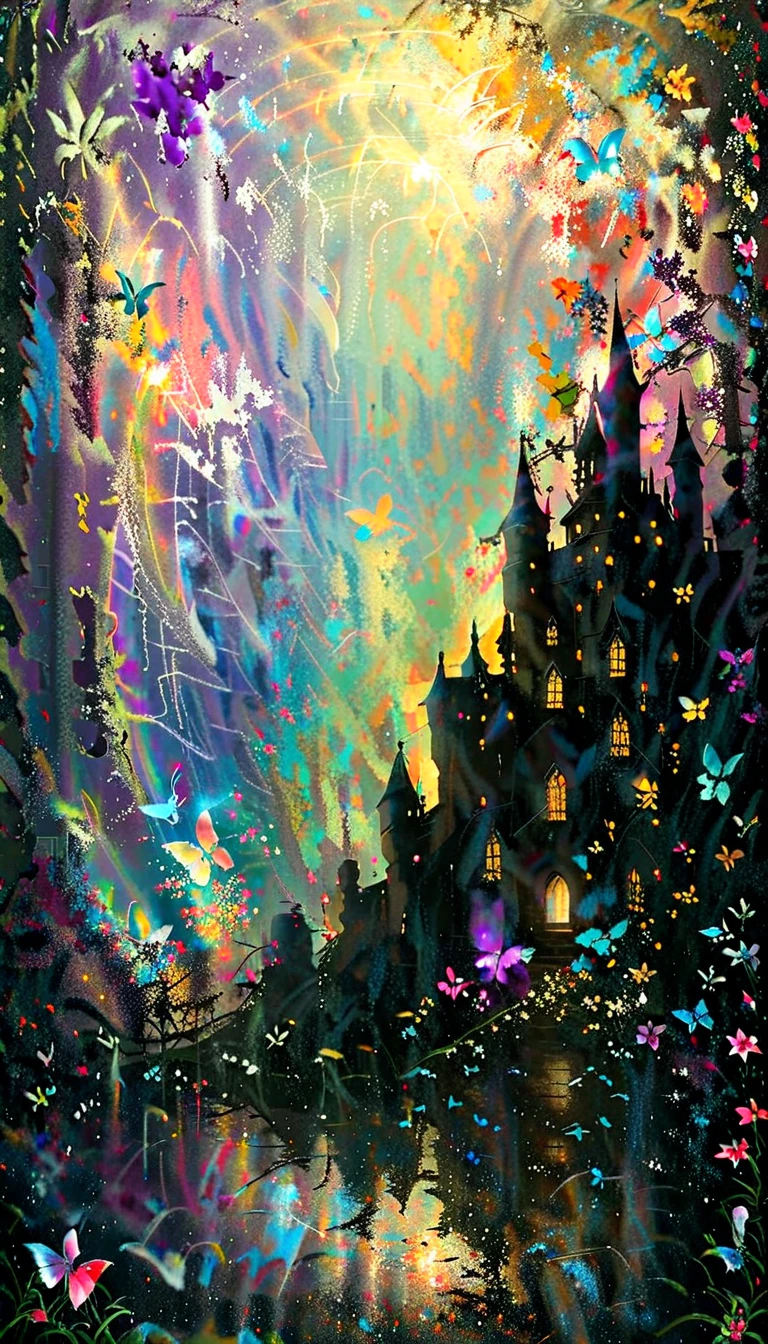 very beautiful castle /(whole body/), colorful  butterflies, lots of flowers and petals, colorful , Pastel Color , break ,quality\(8k, wallpaperで歌われる, ​masterpiece, high definition ,top-quality,top-quality real texture skin, surrealist , Increase Resolution , RAW photo,最高のquality, high definition,wallpaper, cinematic lighting, ray trace,Golden Ratio,\),Focus on the castle ,landscape,16k, 超 high definition , 超 high definition ,  Born , amazing ,future、Rainbow、The world 30 yeArs from now。