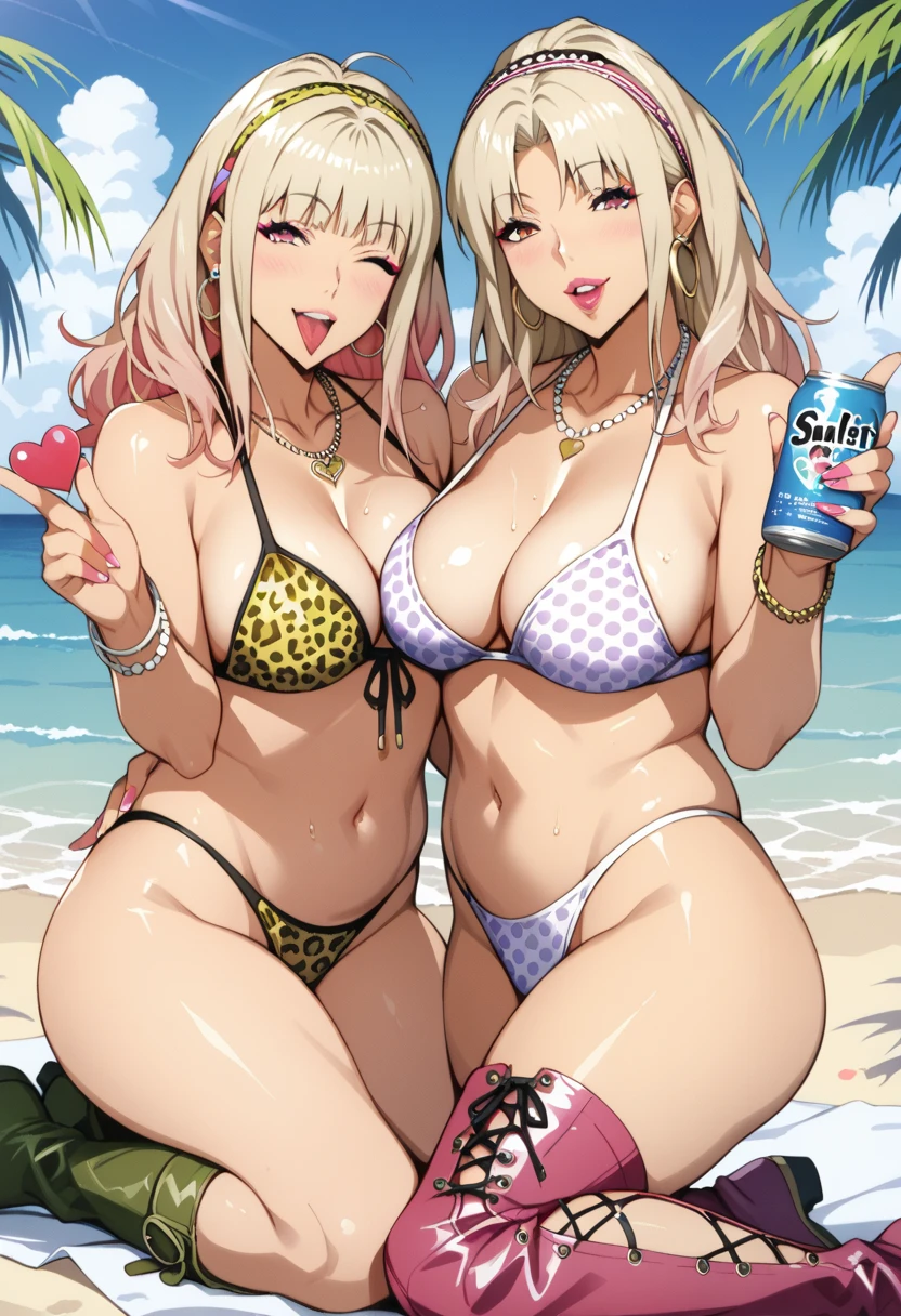 score_9, score_8_up, score_7_up , score_6_up, source_anime,Two GAL-style female characters on a beach setting. The characters are mother and daughter, each with an extremely exaggerated voluptuous figure: large breasts (150+ cm bust size), thick thighs, wide hips, and slim waists. Their skin is deeply tanned to a bronze tone, with a glossy, shiny effect that highlights their curves. Both have vibrant dyed hair: the mother has platinum blonde hair with rainbow highlights styled in voluminous waves, while the daughter has platinum blonde hair with pink highlights styled in a playful, carefree look.  The mother and daughter are posing playfully on the beach, exuding confidence and an aura of seduction. They are wearing ultra-revealing animal print bikinis (leopard and tiger patterns) that barely cover their bodies. The bikinis are adorned with heart-shaped attachments and gold chains. They have piercings on their nipples and navels, with heart-shaped jewelry, emphasizing their GAL aesthetic.  The mother is wearing pink thigh-high boots with matching gloves, while the daughter is wearing green thigh-high boots with gloves, complementing their respective bikinis. Both are accessorized with multiple bracelets, necklaces, and hoop earrings, and they have tattoos in Japanese kanji with explicit messages on their chests, arms, and thighs. Their nails are painted in bright neon colors, matching the rest of their vibrant look.  Their expressions are playful and flirtatious, with bright eyeshadow, thick false eyelashes, and glossy lipstick in hot pink and red tones. The mother is smiling with her tongue out, winking at the viewer, while the daughter is making a playful gesture with her hand near her face. The eyes are bright, with sparkling highlights, adding to the confident and provocative demeanor of the characters.  The beach is mostly empty, with soft white sand, blue waves in the background, and a clear sky. Palm trees can be seen in the distance, and the sun is shining b