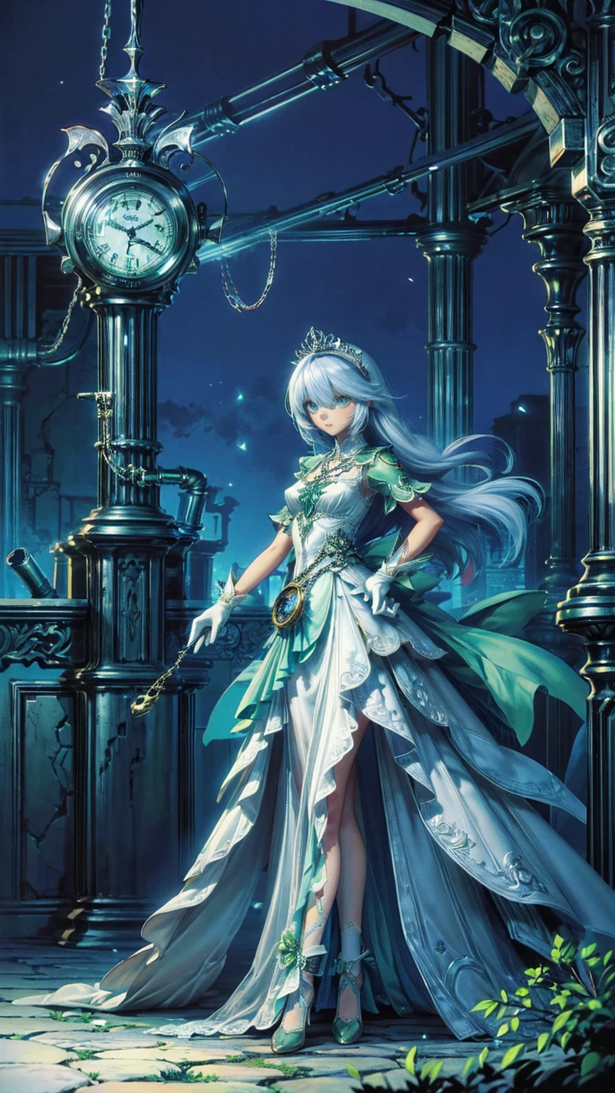 , Composition from head to toe,  full body view,(masterpiece:1.2), ( best quality:1.2),  ultra high resolution,  super detailed, break, (( An anime girl with a pocket watch in her hand is standing)), Dreamy Beautiful Girl ,  smiles lightly, ,  androgenic charm , Long Hair, ((Platinum Hair)),  messy hair, Small and soft breasts,Slender body,  small ass , Small green eyes, Detailed and Beautiful Eyes , well-made irises and eyes , 's expressive eyes ,  Beautifully Detailed Lips ,  high-resolution, detailed hair , Perfect Eyes,  perfect face,  super dense skin ,  Full Finger , perfect lighting, break, ((Light green necklace)), (( white dress:1.3)), Light green tie, Sparkling Sapphire, Lady, Wear white gloves, break, (Steampunk), Castle Balcony , Skyscraper, Night view, gear, pipe, (Steam spewing out from pipes:1.2),  fantasy, break, (( facing the front:1.3)), break,  digital animation art  , anime style illustration , animated illustration 
