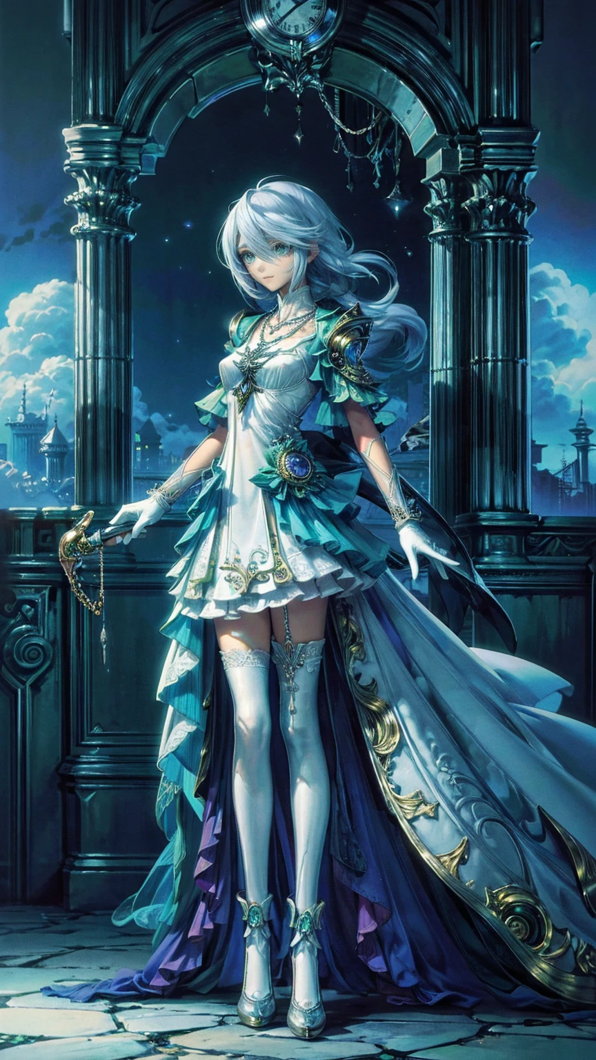 , Composition from head to toe,  full body view,(masterpiece:1.2), ( best quality:1.2),  ultra high resolution,  super detailed, break, (( An anime girl with a pocket watch in her hand is standing)), Dreamy Beautiful Girl ,  smiles lightly, ,  androgenic charm , Long Hair, ((Platinum Hair)),  messy hair, Small and soft breasts,Slender body,  small ass , Small green eyes, Detailed and Beautiful Eyes , well-made irises and eyes , 's expressive eyes ,  Beautifully Detailed Lips ,  high-resolution, detailed hair , Perfect Eyes,  perfect face,  super dense skin ,  Full Finger , perfect lighting, break, ((Light green necklace)), (( white dress:1.3)), Light green tie, Sparkling Sapphire, Lady, Wear white gloves, break, (Steampunk), Castle Balcony , Skyscraper, Night view, gear, pipe, (Steam spewing out from pipes:1.2),  fantasy, break, (( facing the front:1.3)), break,  digital animation art  , anime style illustration , animated illustration 
