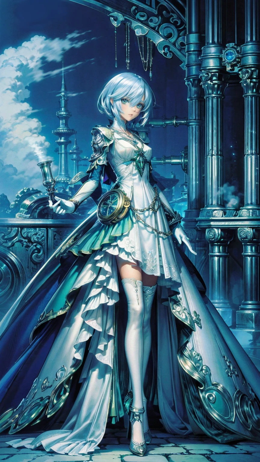 , Composition from head to toe,  full body view,(masterpiece:1.2), ( best quality:1.2),  ultra high resolution,  super detailed, break, (( An anime girl with a pocket watch in her hand is standing)), Dreamy Beautiful Girl ,  smiles lightly, ,  androgenic charm , Long Hair, ((Platinum Hair)),  messy hair, Small and soft breasts,Slender body,  small ass , Small green eyes, Detailed and Beautiful Eyes , well-made irises and eyes , 's expressive eyes ,  Beautifully Detailed Lips ,  high-resolution, detailed hair , Perfect Eyes,  perfect face,  super dense skin ,  Full Finger , perfect lighting, break, ((Light green necklace)), (( white dress:1.3)), Light green tie, Sparkling Sapphire, Lady, Wear white gloves, break, (Steampunk), Castle Balcony , Skyscraper, Night view, gear, pipe, (Steam spewing out from pipes:1.2),  fantasy, break, (( facing the front:1.3)), break,  digital animation art  , anime style illustration , animated illustration 
