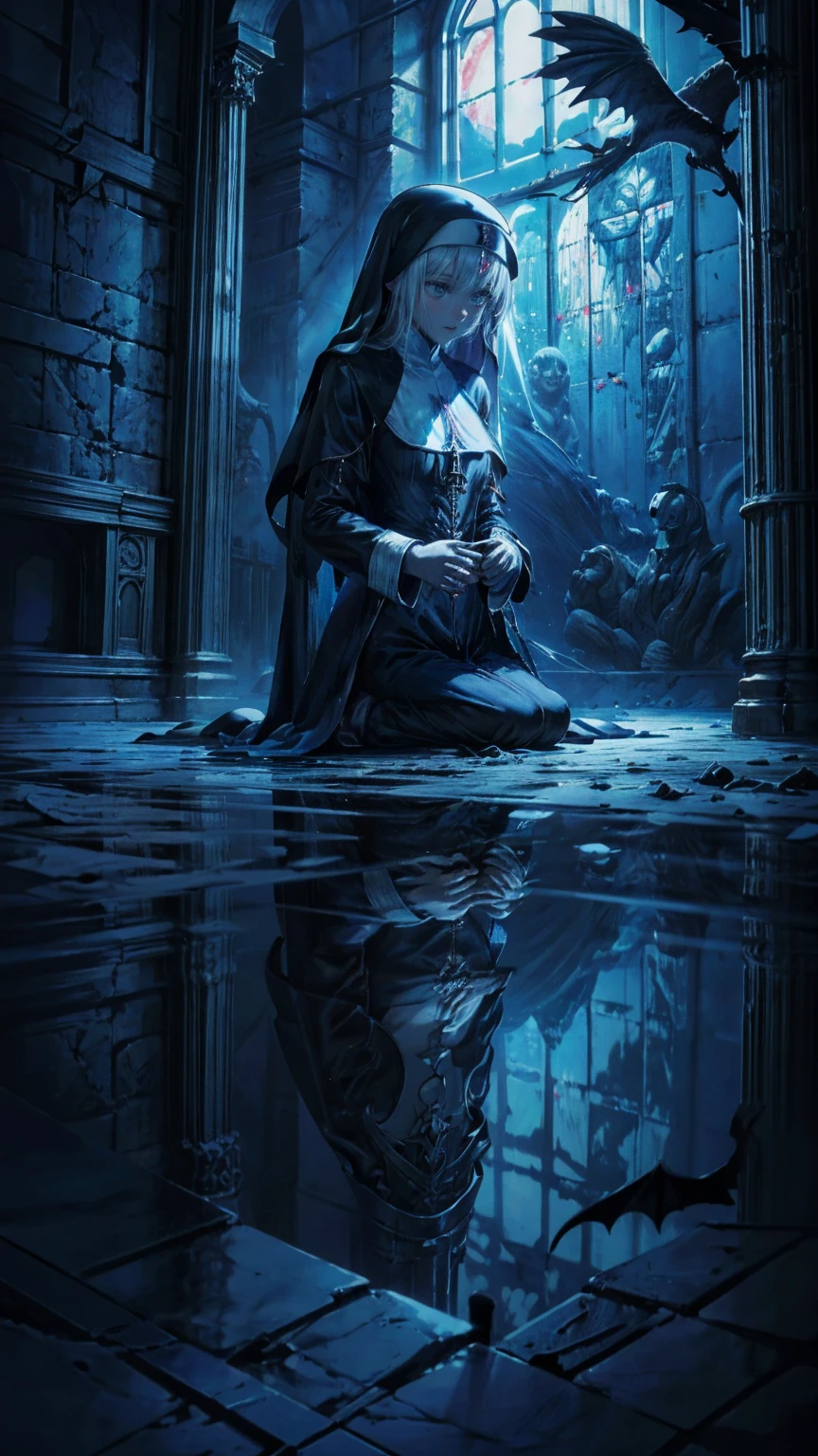 Illustration,  best quality,  1 girl,  Nun with Silver Hair and Light Blue Eyes  , Broken Wall Above  ,  Holding Hands and Praying  , solemn look  ,  Dark Church of Satan Worship  ,Devil's statue ,  Dark Nun with No Immaculate Windows , Candlelight only ,  dark and gloomy ,  Despair and Helplessness  ,  gothic and eerie atmosphere  ,  Dark Nun Clothes Reflecting Shadows 
