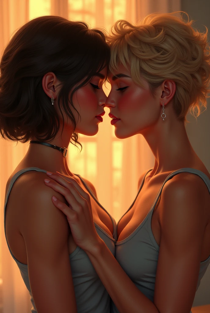 Lesbian couple, Chinese with a Brazilian, Chinese woman having short hair and black eyes with gold, Brazilian woman having white hair and shaved on the side with golden eyes, holding hands