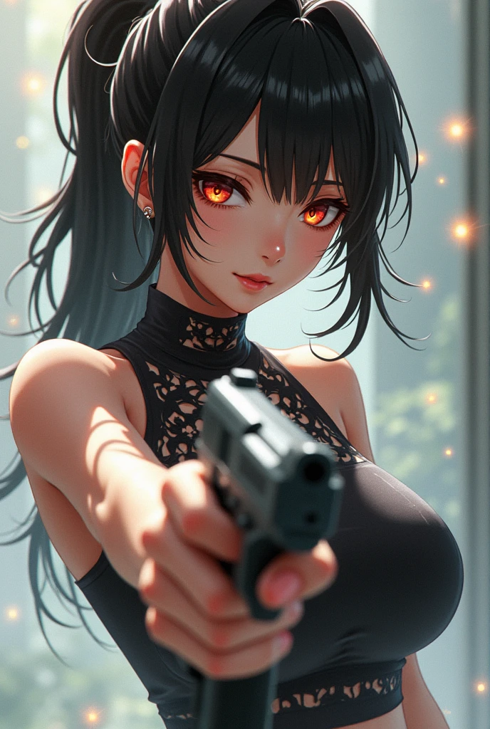 ((top-quality)), ((masterpiece)), ((ultra-detailliert)), (extremely delicate and beautiful), Digital art, (extremely detailed fine touch:1.3), (2D:1.3), ultra high definition, dark lighting, horror movie scene, 1girl, solo, short hair, torn clothed, (((under-rimmed glasses:1.3))), (headphones:1.0), medium breasts, clavicle, cleavage, bare arms, The background is a typical Japanese high sclool with horror movie setting, style of Japanese horror films like 'Ju-on', pose : holding guns, dirty skin, sweaty
