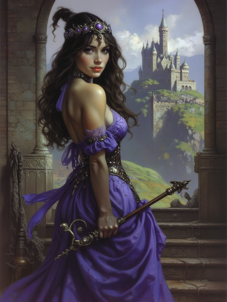 Highly detailed painting oil picture, gorgeous brunette woman with highly detailed sorceress outfit. Fantasy woman. She's looking at the camera. She holds a magic staff. 8k, stunning sexy dress, the best quality image, (raw photo:1.2), 8k (Perfect face), (Detailed face), (Detailed expression), 4k quality, (Detailed skin), (symbol detailed clothes). She has a sharp female face, detailed violet eyes, enigmatic smile and sexy tinny boobs. The background is fantasy medieval landscape, (Lord of the Rings style), There is a gothic fantastic castle, with big towers and big wood antique doors.  