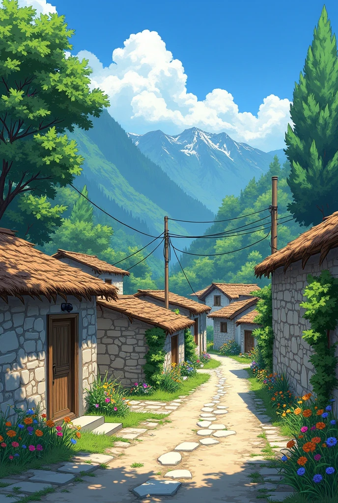in an anime style that can be comics or cartoons. . The village is very quiet and is located in a small valley surrounded by high mountains. . The buildings are simple, mostly made of stone and mud, and their roofs are covered with straw. . The alleys are narrow and winding, and are decorated with colorful wild flowers that grow next to the houses. . The air is clean, and the village's tranquility reflects a slow, comfortable life. . Large trees line the sides of the roads, and the running water from a nearby river adds a special calm to the place.