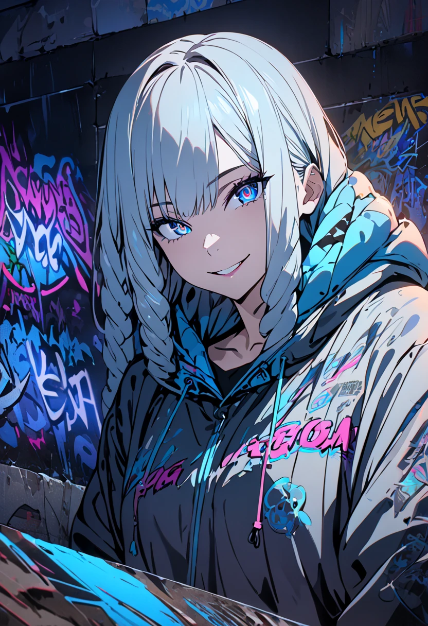 masterpiece,  best quality, 8k, detailed background, masterpiece,  best quality, smile,  ornament with yam,  HOODIE, Portraiture, Neon Blue, graffiti, dark, night, Shining Eyes,  Black Light ,Dark