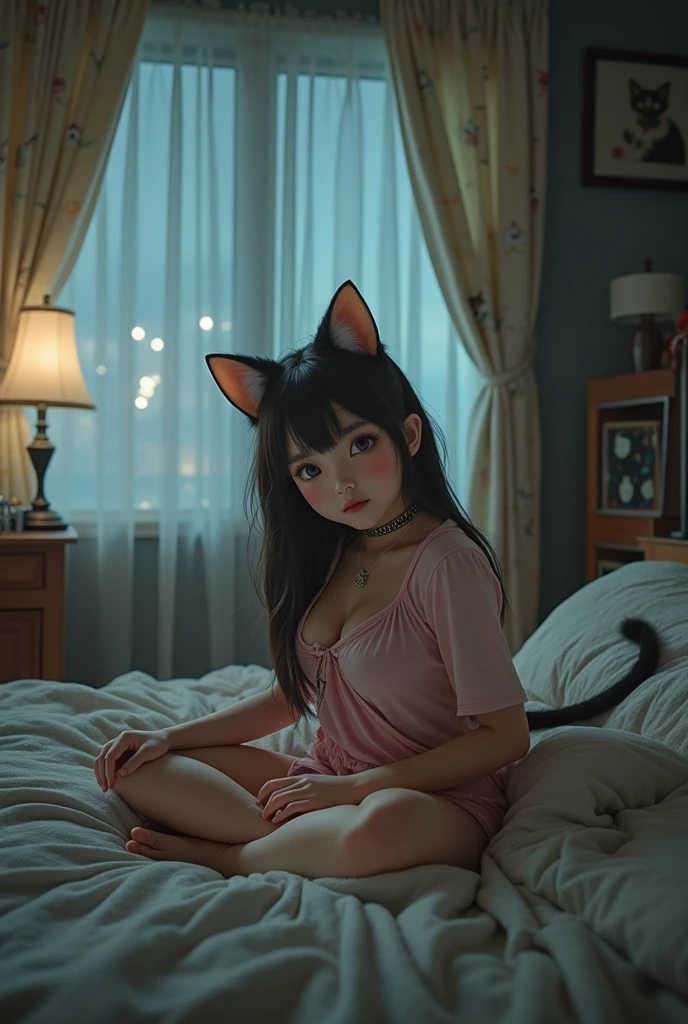 Xiaorou SeeU, age 20, in a adorable sexy cat girl cosplay, dancing and looking totally cute. Bedroom with stuffed animals
