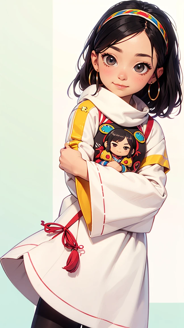 Chibi character, two-dimensional, cute, black hair, Native American clothing