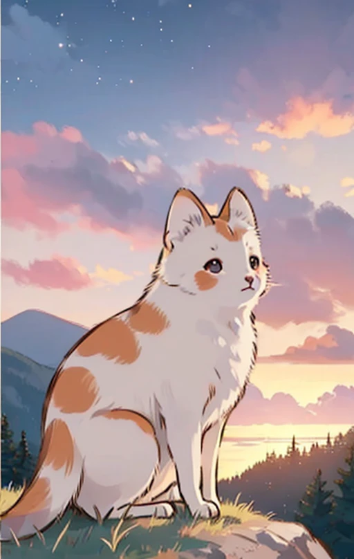  kitsune/Standing on the mountaintop/Hold a small cloud in your hand / smile and look into the distance / The scenery illuminated by the sunset is breathtakingly beautiful。