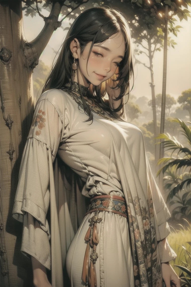 (Rough:0.5),  Movie-like ,  girl, native American , fantasy,(Alone:1.3),  detail eyes,  detailed face , detailed   native American  clothing , Volumetric Lighting, dusk,  highly detailed background, Stand next to a tree, smile, Half-closed eyes,  tilting your head , from side