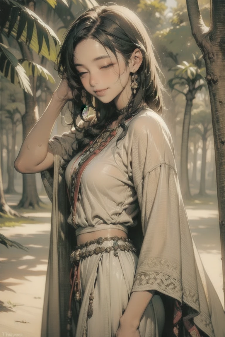 (Rough:0.5),  Movie-like ,  girl, native American , fantasy,(Alone:1.3),  detail eyes,  detailed face , detailed   native American  clothing , Volumetric Lighting, dusk,  highly detailed background, Stand next to a tree, smile, Half-closed eyes,  tilting your head , from side