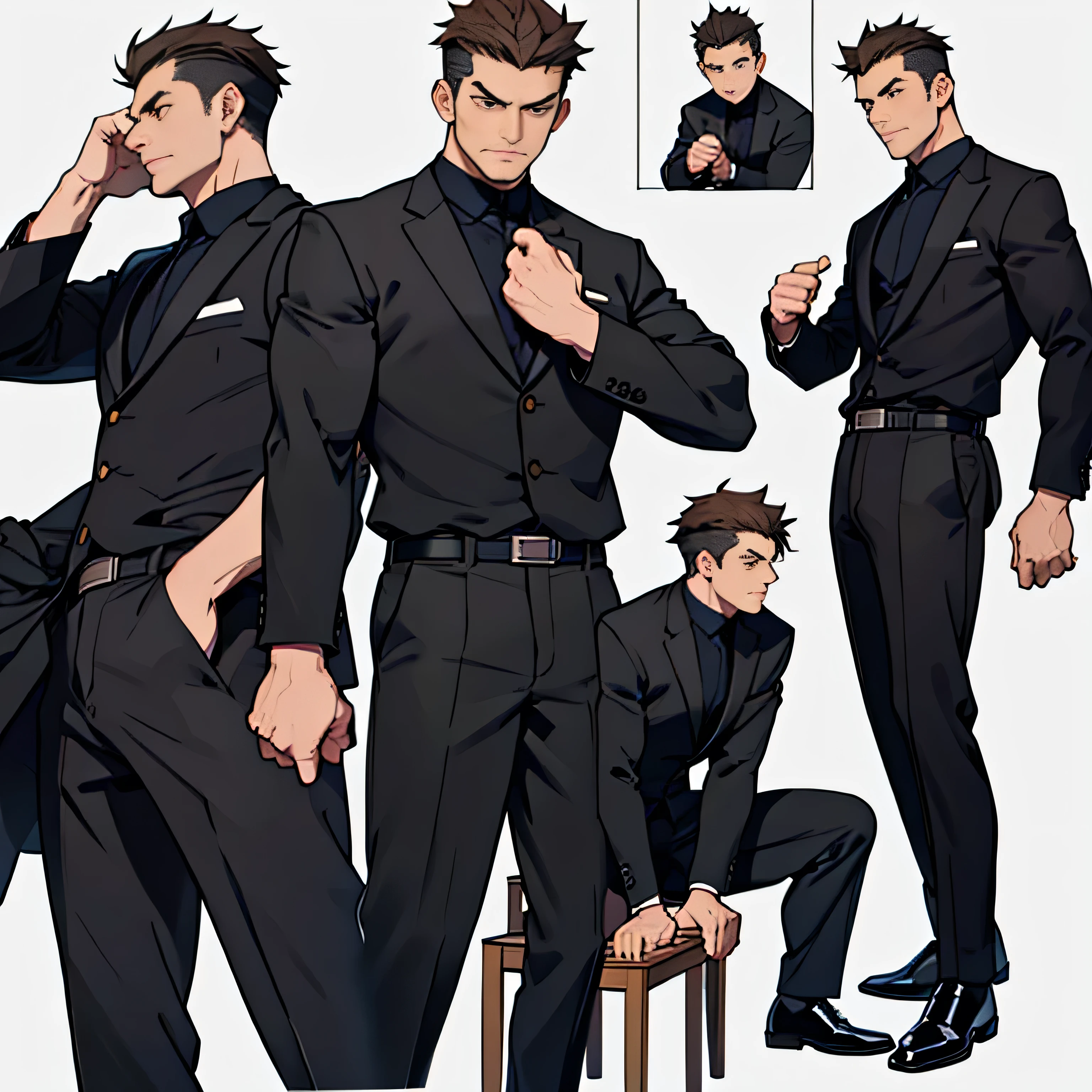 Age 30,father, Simple Black Single Suit , Riverbank、 cm apart ,Spread your legs wider,black belt,Black socks,Black leather shoes,logic, Gay ,Brown Hair, Shorthair, thick eyebrows,Stubble, Lightly Set Your Hair with Wax ,Kakuryu Takeru,Masculine,salaryman,Mob characters,Bad Actor , The crotch part of the pants is bulging,,Menacing look