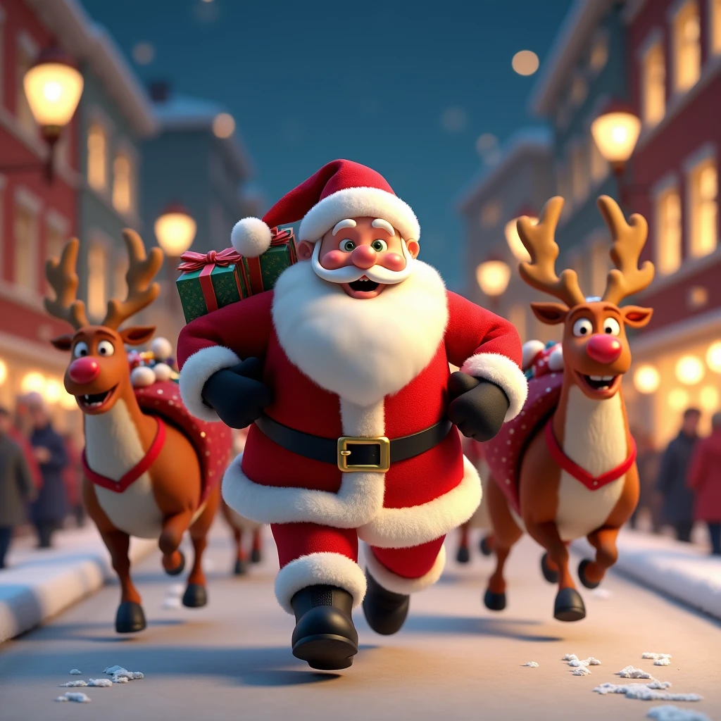 3D Pixar style image of Santa Claus, reindeer and friends carrying bags of presents with smiling faces in a running race in a festive Christmas atmosphere, night lights, city backdrop.ผลงานชิ้นเอก, คุณภาพที่ดีที่สุด, รายละเอียด, โมเดลความละเอียดสูง,