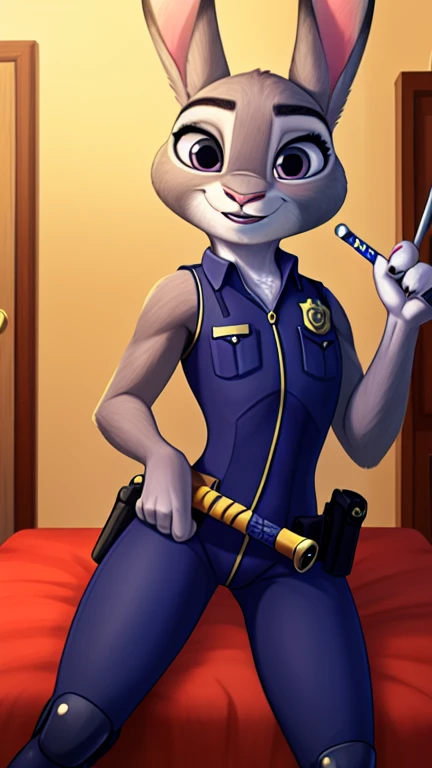  Create an illustration of Judy Hopps from Zootopia with a seductive and confident expression,  wearing a tighter and more revealing police costume ."
- " Draw Judy Hopps with a provocative look and an enigmatic smile , holding a police baton in a sensual way 