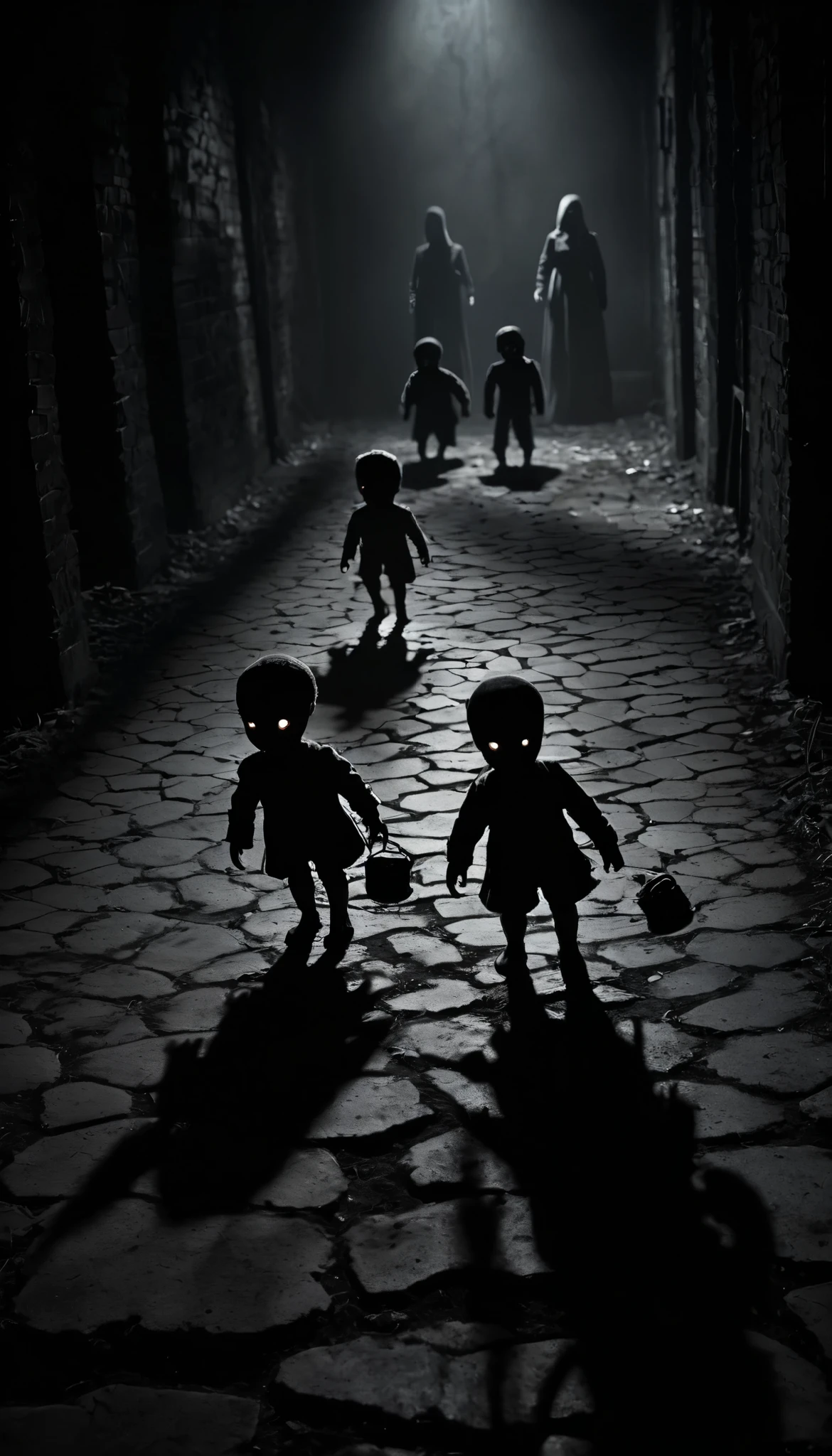 Create a creepy and suspenseful image featuring small, frightened figures. Place these figures in a dark and eerie setting, with subtle shadows and a sense of foreboding. Ensure the figures appear frightened, conveying a sense of vulnerability and fear. Surround them with a mysterious atmosphere to enhance the suspense