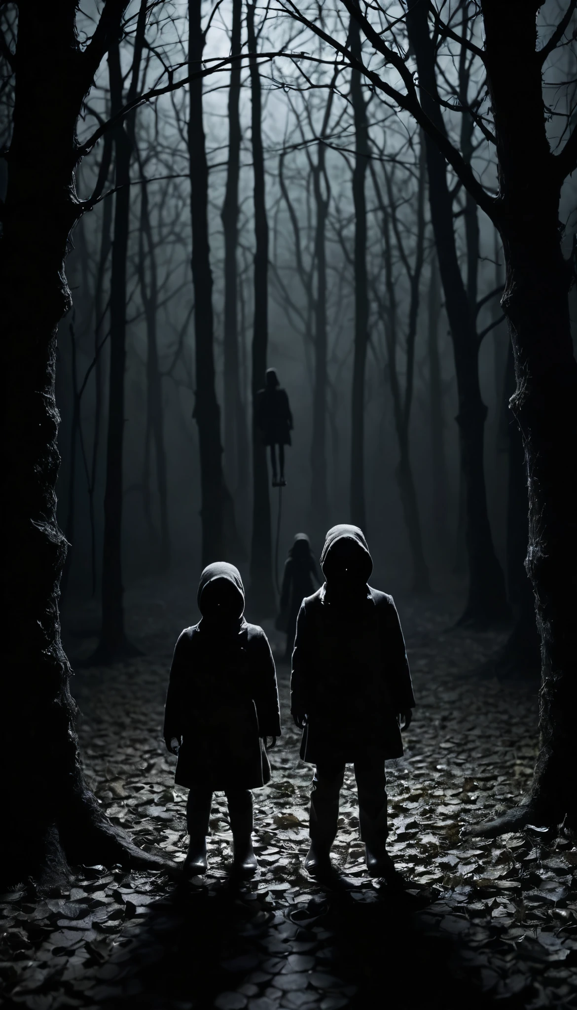 Create a creepy and suspenseful image featuring small, frightened figures. Place these figures in a dark and eerie setting, with subtle shadows and a sense of foreboding. Ensure the figures appear frightened, conveying a sense of vulnerability and fear. Surround them with a mysterious atmosphere to enhance the suspense