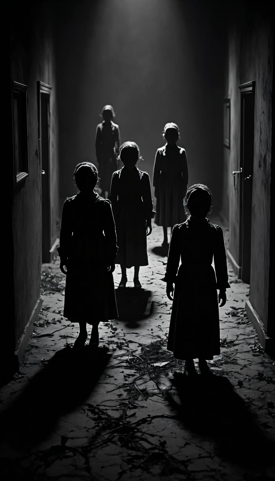 Create a creepy and suspenseful image featuring small, frightened figures. Place these figures in a dark and eerie setting, with subtle shadows and a sense of foreboding. Ensure the figures appear frightened, conveying a sense of vulnerability and fear. Surround them with a mysterious atmosphere to enhance the suspense