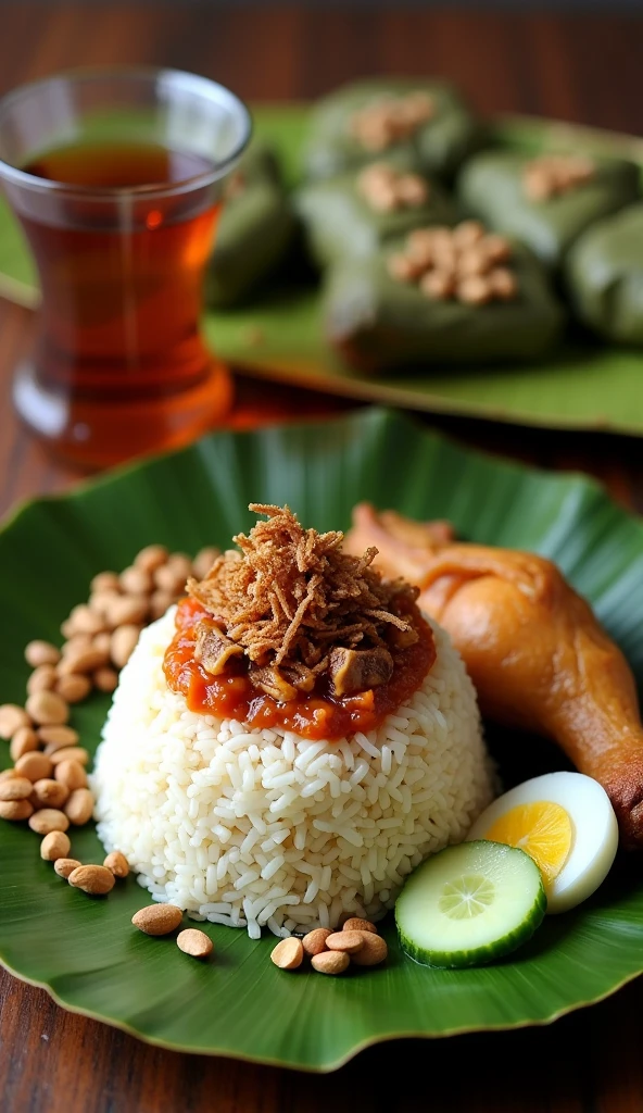 Traditional Indonesian nasi uduk presented on a banana leaf. The dish features a pyramid-shaped mound of rice,topped with sambal, crispy anchovies,roasted peanuts.A slice of cucumber and a quartered boiled egg are placed beside the rice.a fried chicken beside the rice.In the background,several nasi uduk parcels wrapped in banana leaves are visible, serves with a glass teco of tea, adding an authentic touch.The entire arrangement sits on a wooden surface. 